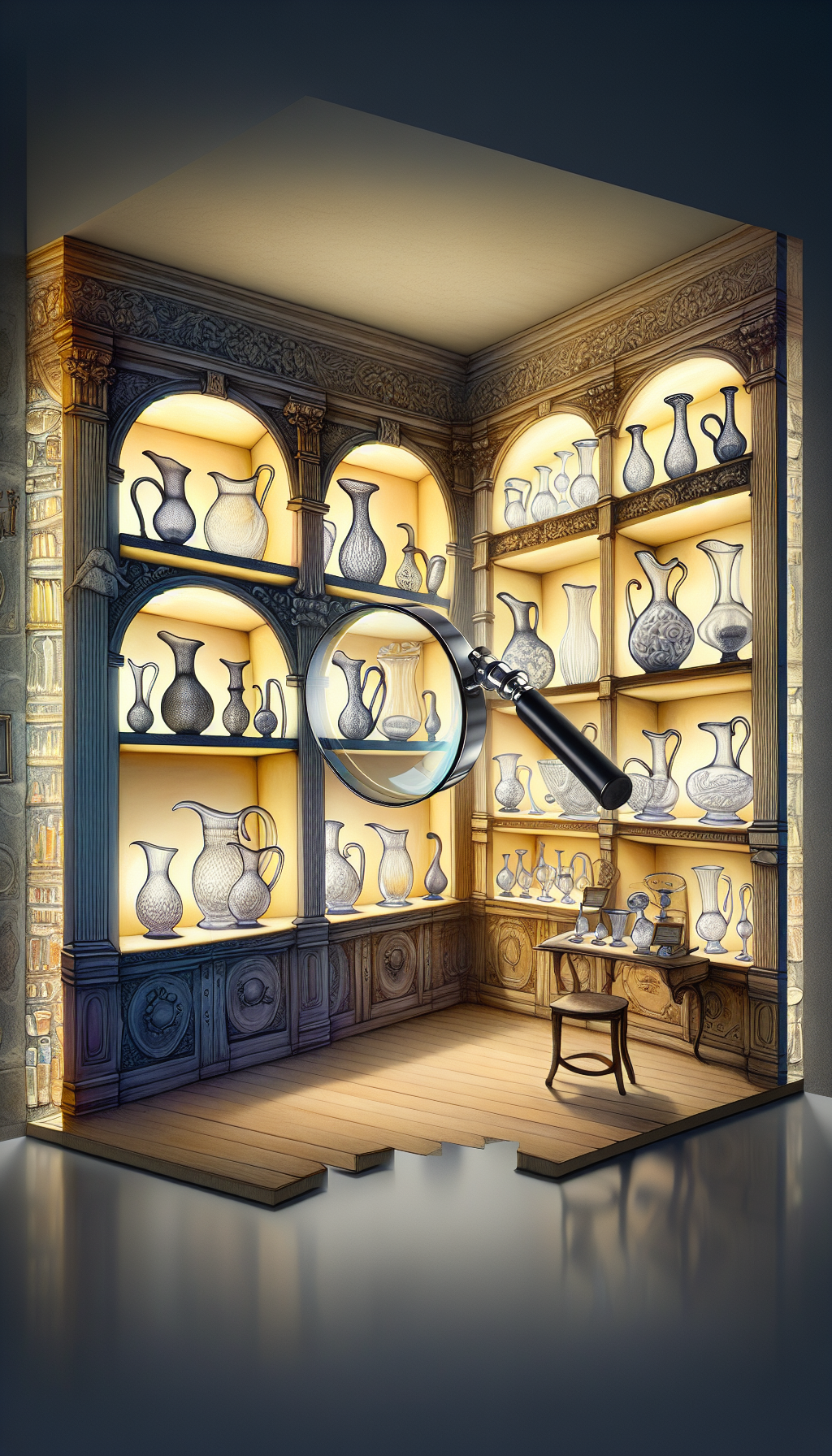 A whimsical cross-section of an antique shop with translucent walls, inside stands a row of glass pitchers floating on ornate shelves. Each pitcher casts a unique historical era's shadow on the wall behind, doubling as a guide. A magnifying glass hovers over, revealing intricate details and maker's marks, symbolizing the identification process, while light intricately plays through the varying textures and colors.