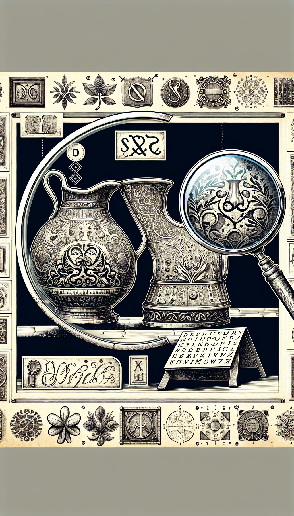 An illustration depicts a magnifying glass hovering over a patterned glass pitcher, revealing various makers' marks and signatures etched onto the surface. Each mark transforms into a distinct clue character—like cursive letters, old-fashioned monograms, and emblematic symbols—hinting at a whimsical treasure map spread out beneath the pitcher for antique identification.