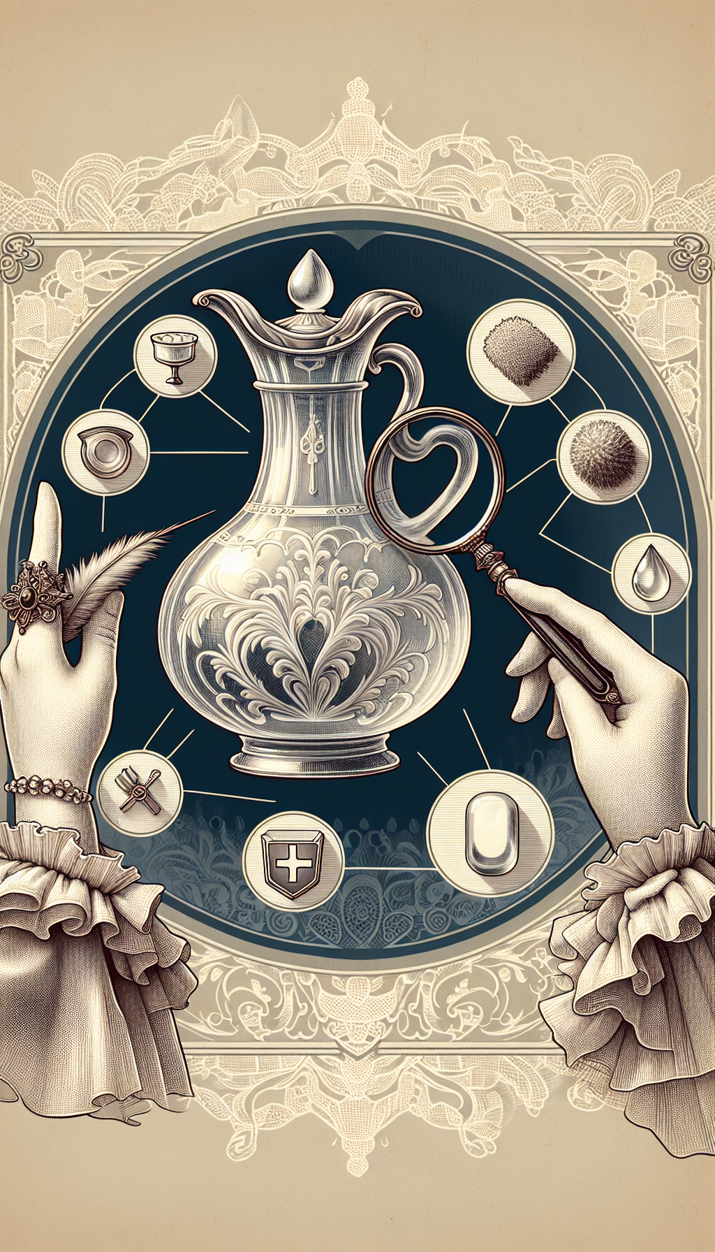 In the illustration, a Victorian-style hand gracefully holds a magnifying glass, inspecting a translucent, ornate antique glass pitcher that gleams amidst a backdrop of soft, vintage lace. Care icons encircle the pitcher—gentle sponge, feather duster, droplet, and UV shield—symbolizing maintenance tips, while intricate patterns on the pitcher's body subtly morph into identifying marks and dates, capturing both elegance and identification.
