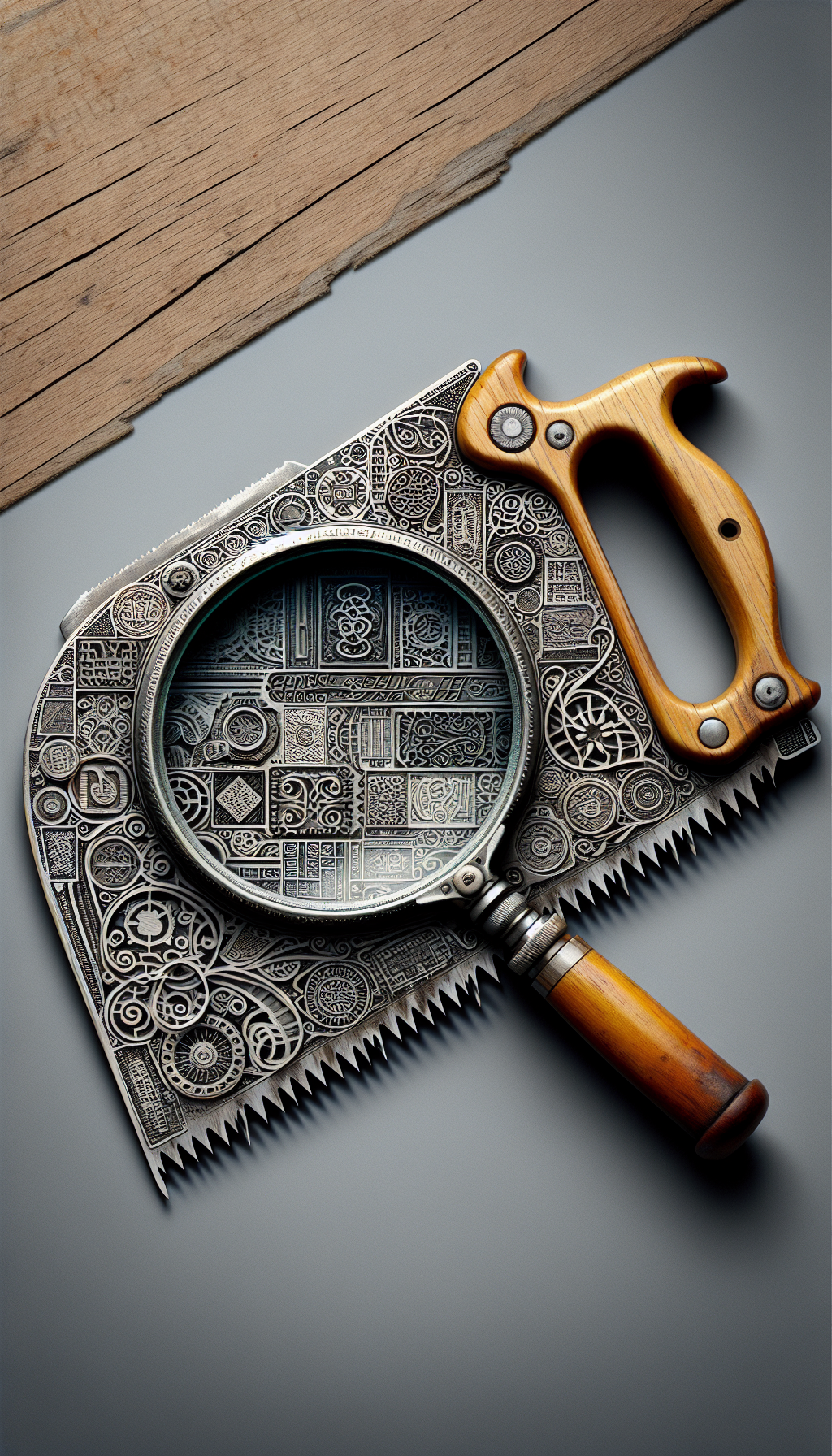 An intricately detailed magnifying glass hovers over a vintage hand saw, its lens revealing a tapestry of magnified stamps and labels, each intricately styled to reflect the era of its saw maker. This mosaic of marks, ranging from art nouveau swirls to industrial block fonts, converges into a visual guidebook, subtly forming a fingerprint pattern on the saw's blade for antique identification.
