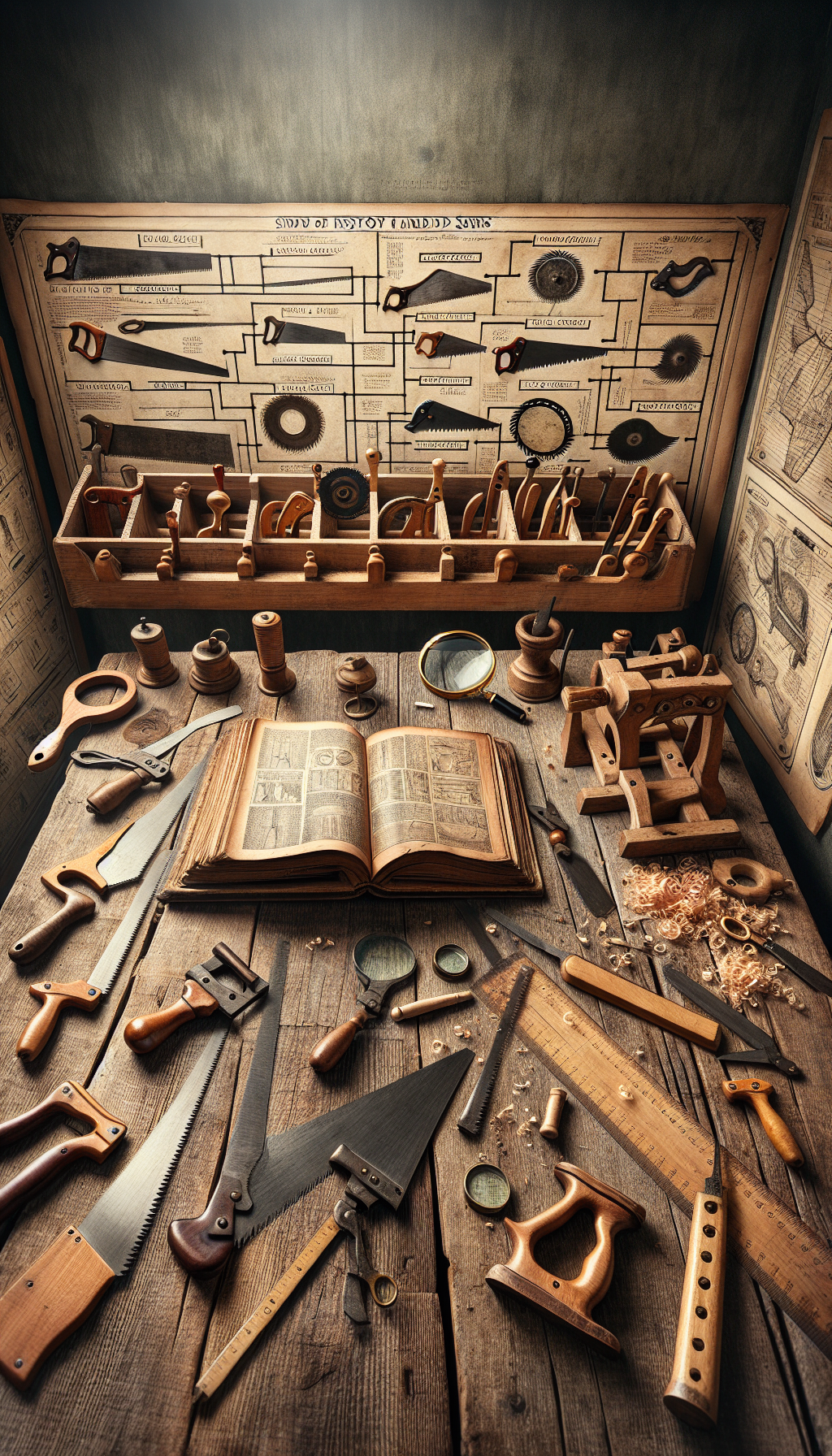 An illustration showcases a vintage study room with magnifying glasses spread across an open ancient tome, pages brimming with sketches and dates of hand saws. On the wooden desk, an array of classic hand saws, each tagged with a small, distinct period label, lies amid scatterings of wood shavings. Flanking the scene, a timeline unfurls along the edge, pinpointing the saws' eras.