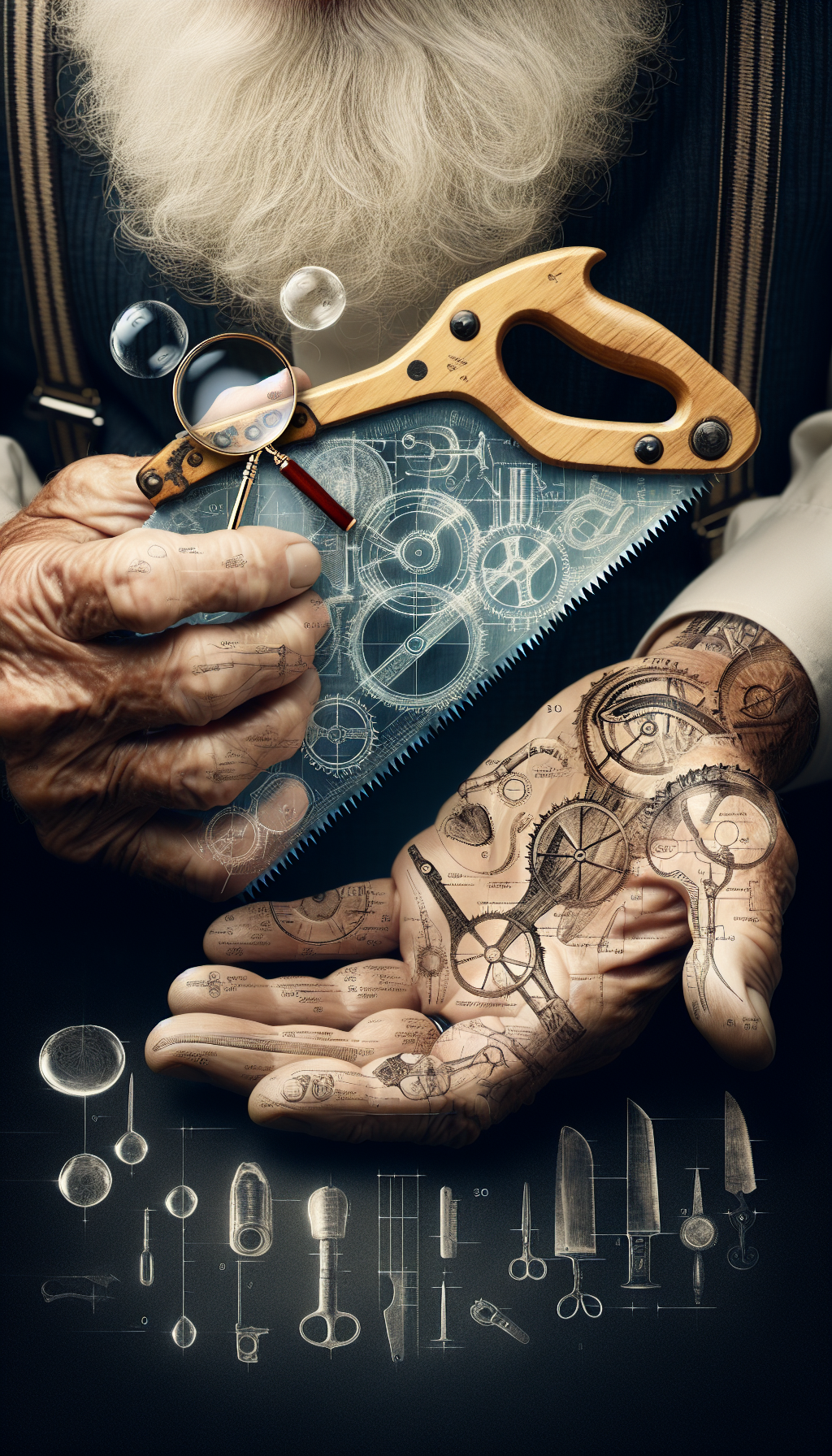 An aged hand cradling a pristine vintage saw, with delicate etched lines indicating different saw types and eras, hovering like ghostly blueprints. In the background, soft, translucent bubbles encase symbols of oil, cloth, and wood, representing preservation elements. The saw's handle bears an intricate magnifying glass, merging with the wood, symbolizing the quest for identification amidst an aura of timeless care.