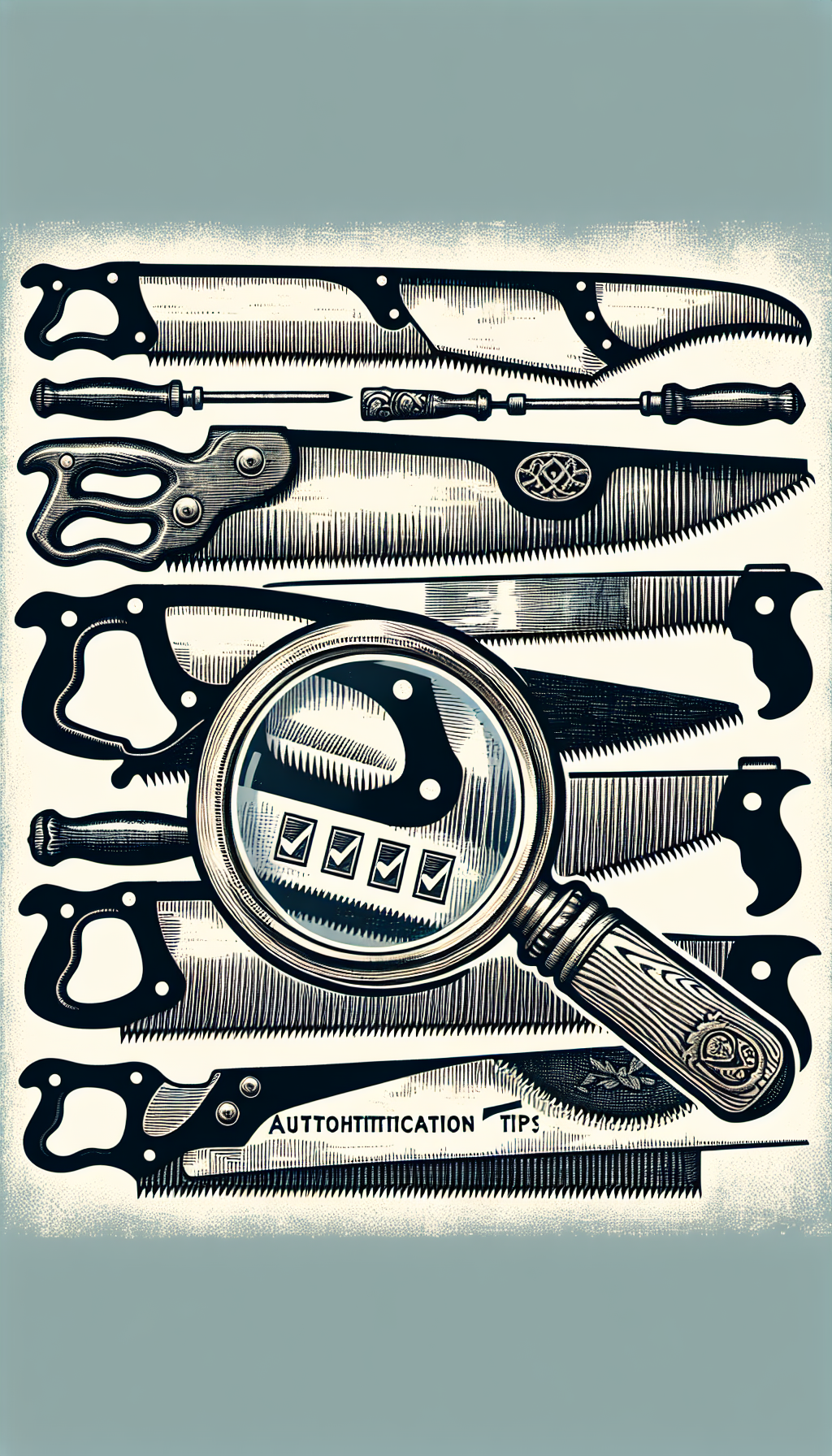 An illustration of a magnifying glass superimposed over a collage of antique hand saws, with each saw featuring a unique identifying mark (like a manufacturer's logo, distinct tooth pattern, or aged handle design). Along the magnifying glass handle, a checklist ticks off authentication tips, blending vintage etching style with crisp modern lines to symbolize the merge of antique and detective work.