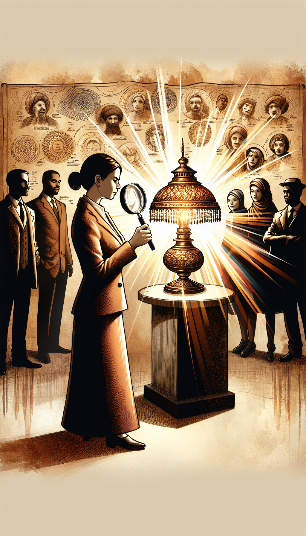 An illustration where a detective magnifying glass hovers over a glowing antique lamp, revealing a tapestry of its history – with dates, original owners, and cultural origins in the light beam – while shadowy figures appraise its value. The scene is a blend of sepia tones and vibrant watercolor splashes that signify the lamp's rich provenance and inherent value.