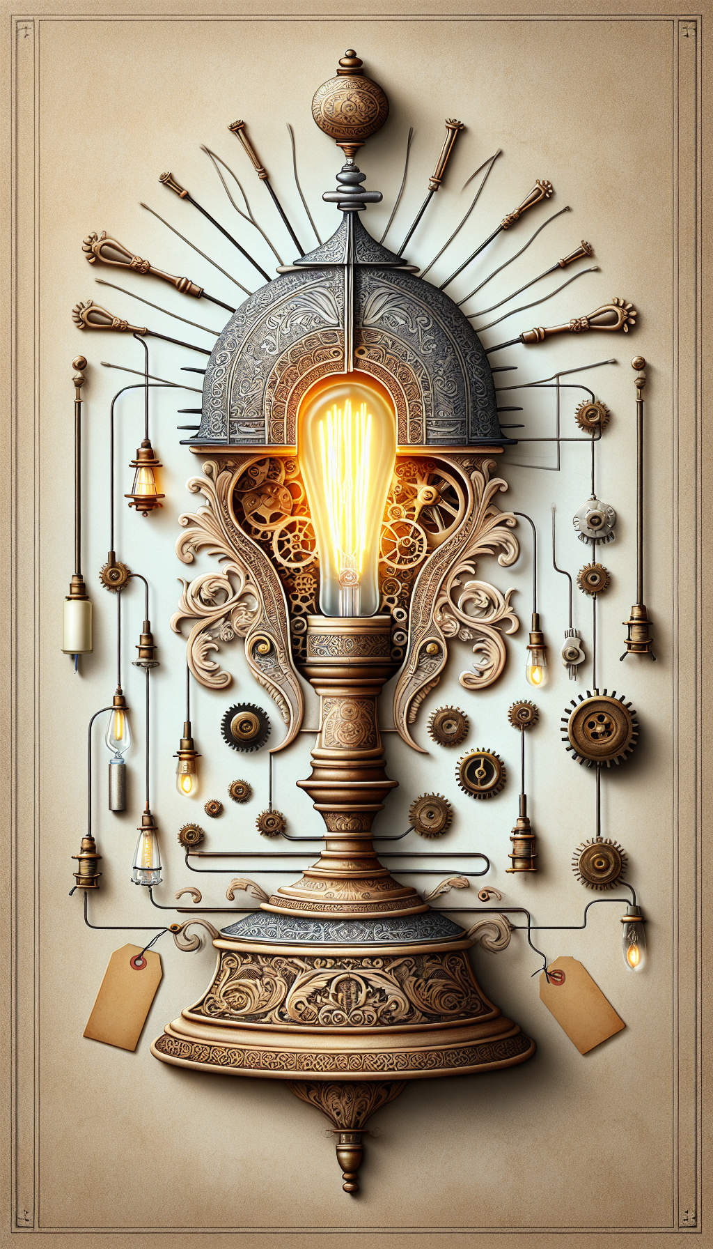 A whimsical steampunk-inspired cross-section of an antique lamp transitions from a glowing candle wick at the base to a radiant LED filament at the top, symbolizing the evolution from wicks to watts. Gears and cogs seamlessly intermingle with elegant baroque patterns to frame the lamp, while price tags dangle from each era's design element, illustrating the varying values of antique lamps through time.