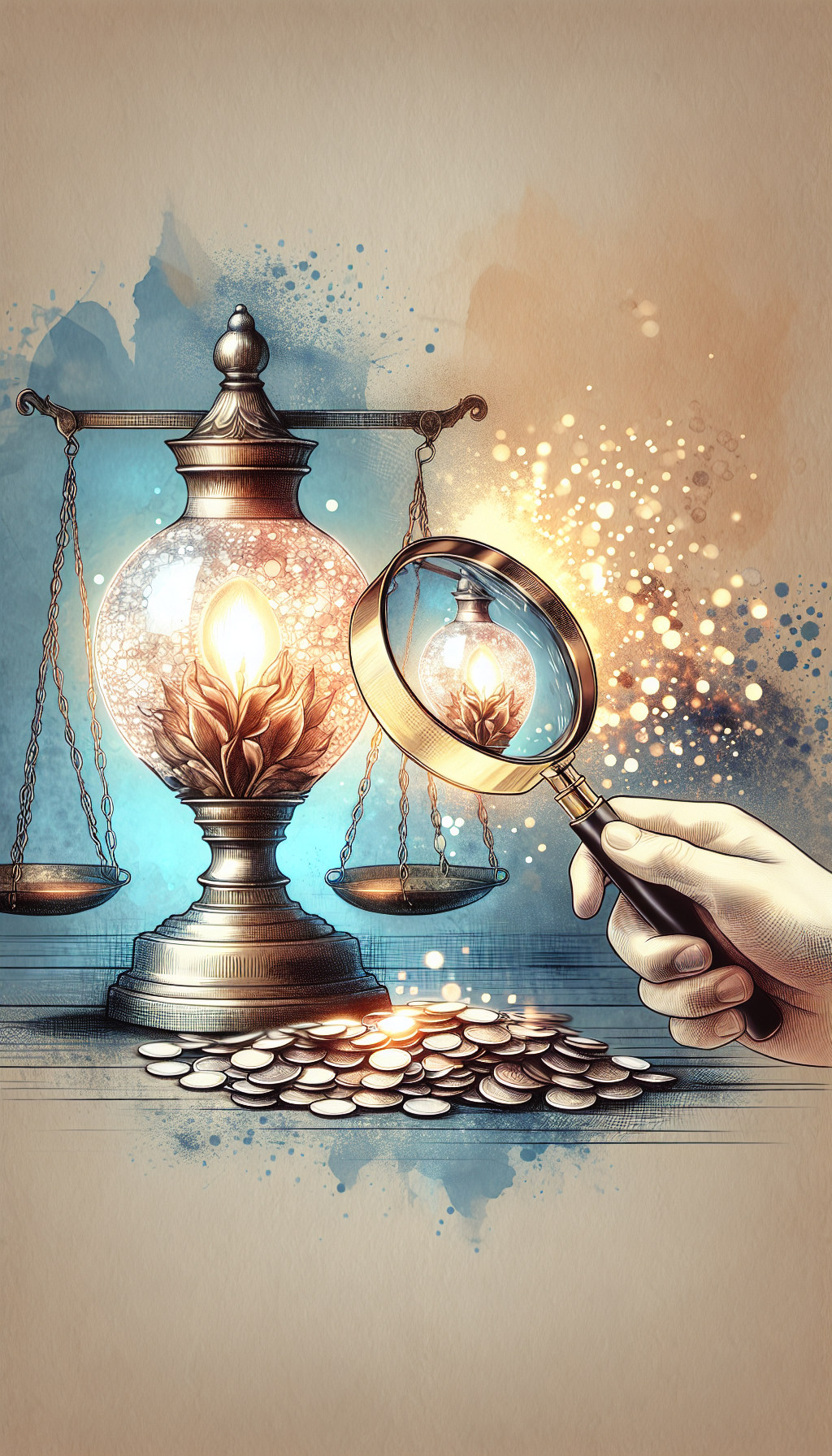 An illustrated tableau depicts a magnifying glass revealing the intricate details of a luminescent antique lamp, with visible brushstrokes of a painterly style contrasting with the photo-realistic rendering of the lamp. Golden light spills onto a scale balancing the lamp's artistic beauty against shimmering coins, symbolizing its value, with the backdrop subtly transitioning from a detailed etching to a soft watercolor wash.