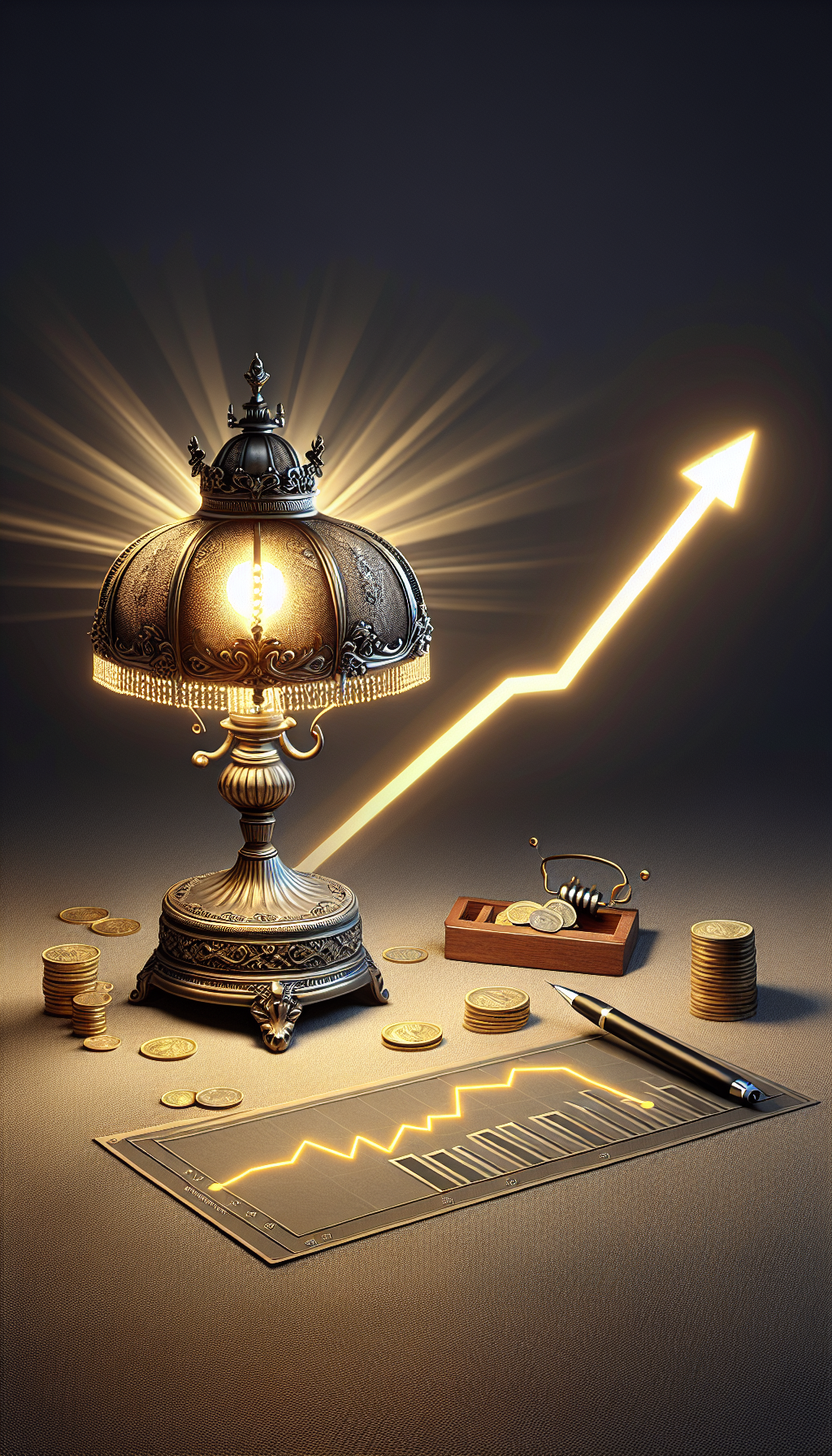 An illustration depicts an antique lamp casting a radiant glow onto a graph with an upward trend, encapsulating the concept of increasing market value. The lamp's ornate details suggest its vintage origins, while golden coins and appraisal tools subtly positioned in the foreground imply its assessed worth. The contrasting styles—photorealistic lamp and abstract, simplified financial elements—create a compelling visual metaphor.