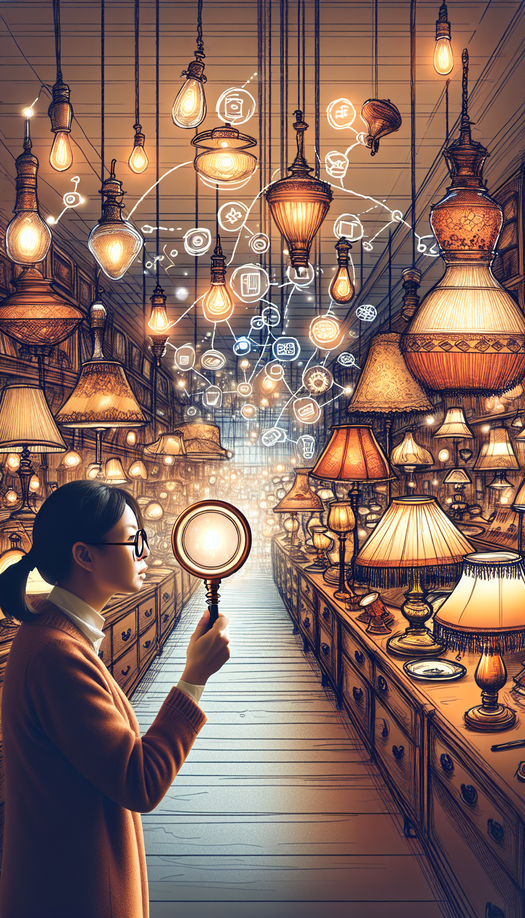An illustration of a cozy, dimly-lit antique shop, where a variety of ornate lamps cast warm glows upon reflective surfaces, each beam highlighting a price tag with increasing values. Above, hand-drawn social media icons connect with dotted lines to the lamps, symbolizing online sales platforms, while in the foreground, a lamp collector showcases an appraising eye through a magnifying glass.