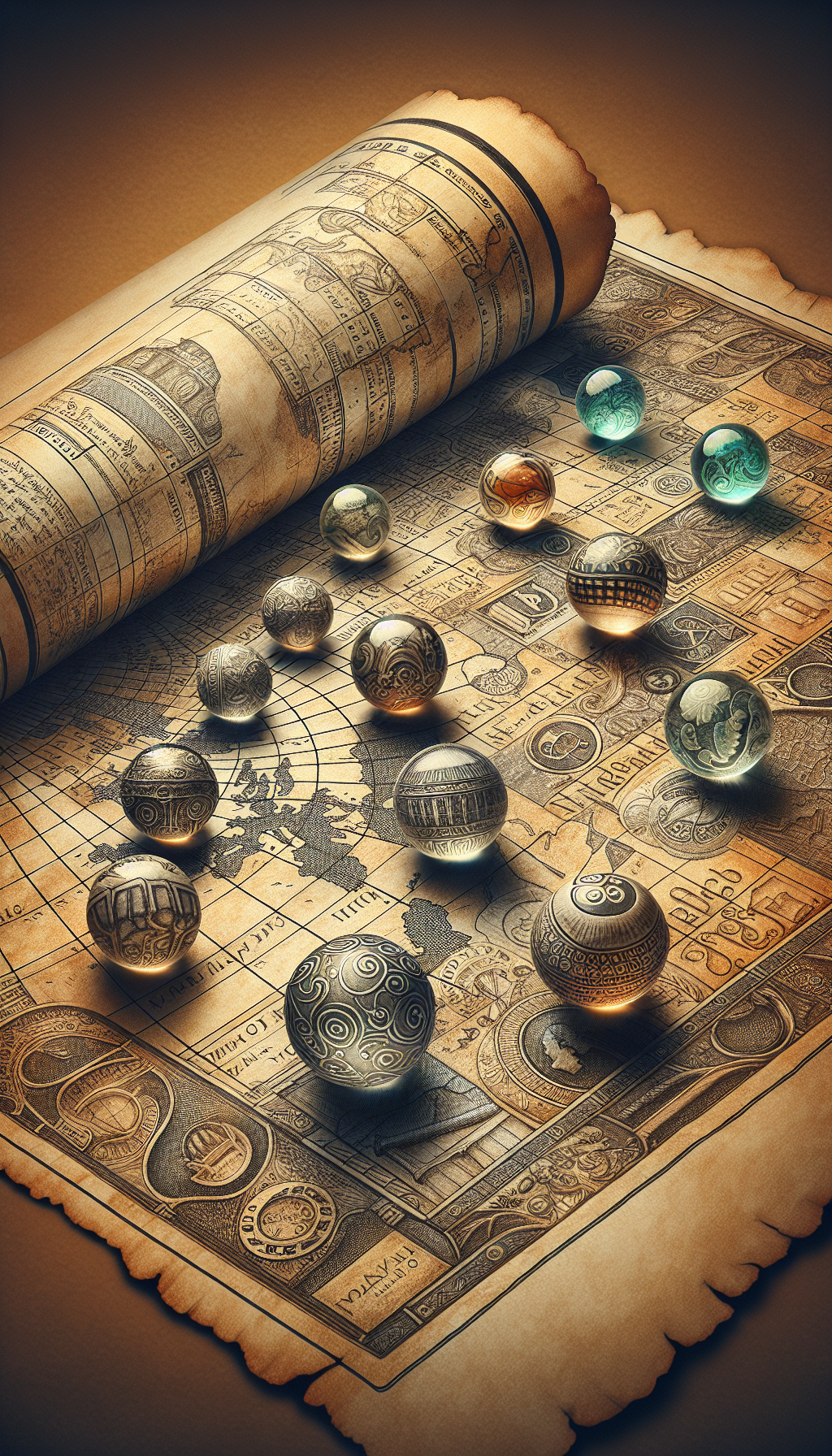 An illustration depicting a timeworn scroll unfurled across a vintage map, with beautifully detailed antique marbles rolling along its path, highlighting key historical landmarks and periods. Each marble casts a shimmering shadow that transforms into faded currency symbols, subtly suggesting their escalating value through time. The diverse artistic styles along the route signify the evolution of their cultural significance.