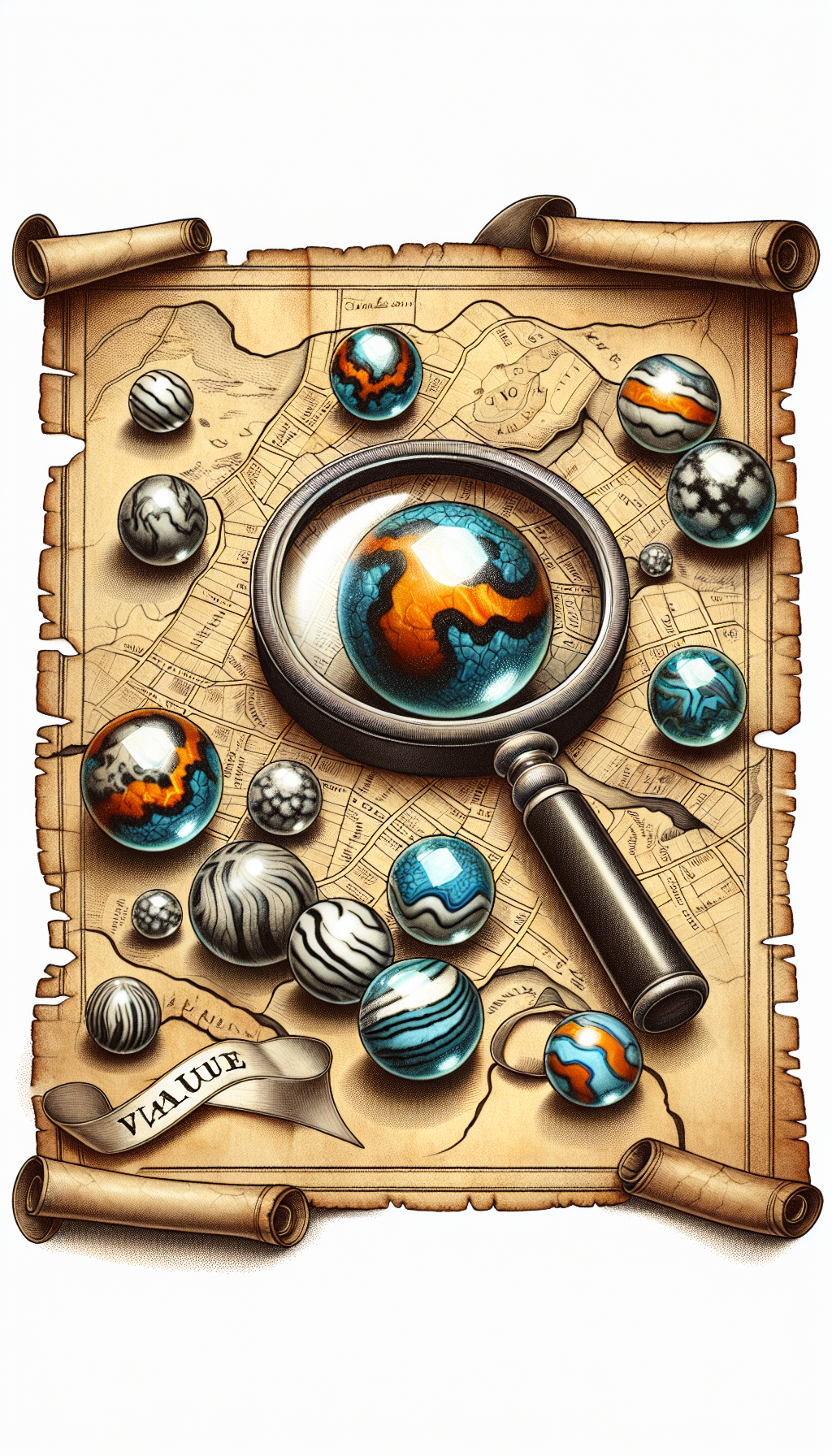 A magnifying glass looms over a treasure map, where various antique marbles are marked as destinations. Each marble glistens with distinct patterns and colors, resembling precious gems. A ribbon labeled "Value" twists around them, highlighting their rarity and worth. The styles range from lifelike realism for the marbles, to an inked caricature for the map, fusing historical allure with whimsical charm.