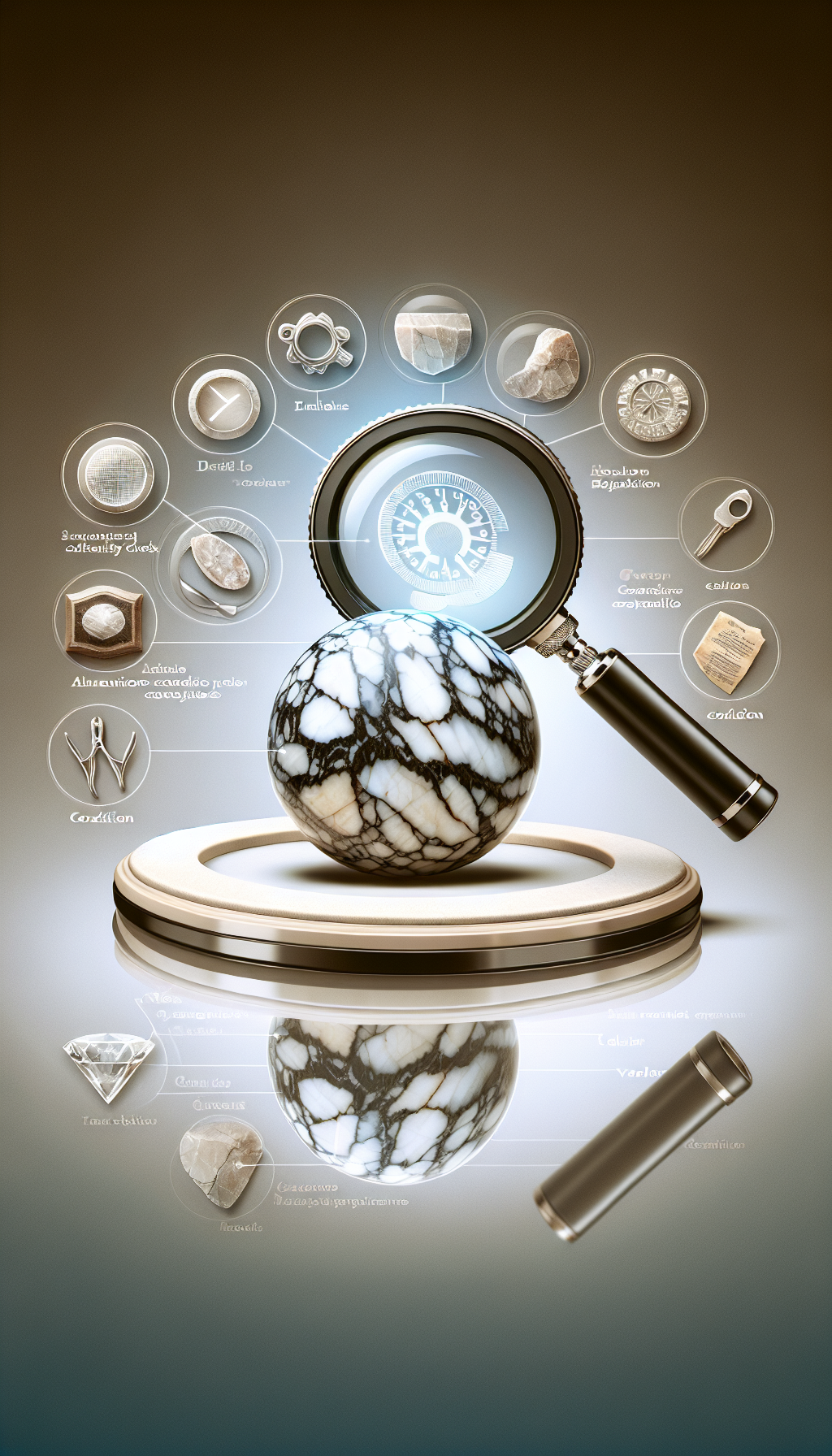 An illustration showcasing an antique marble magnified under a jeweler's loupe, revealing intricate vein patterns and subtle color variations. Around the sphere, transparent icons depict a UV light for authenticity checks, a tiny crack indicating condition, and a faded price tag symbolizing value. The marble's reflection on a sleek surface hints at its history and rarity, enveloping the essence of valuation factors.