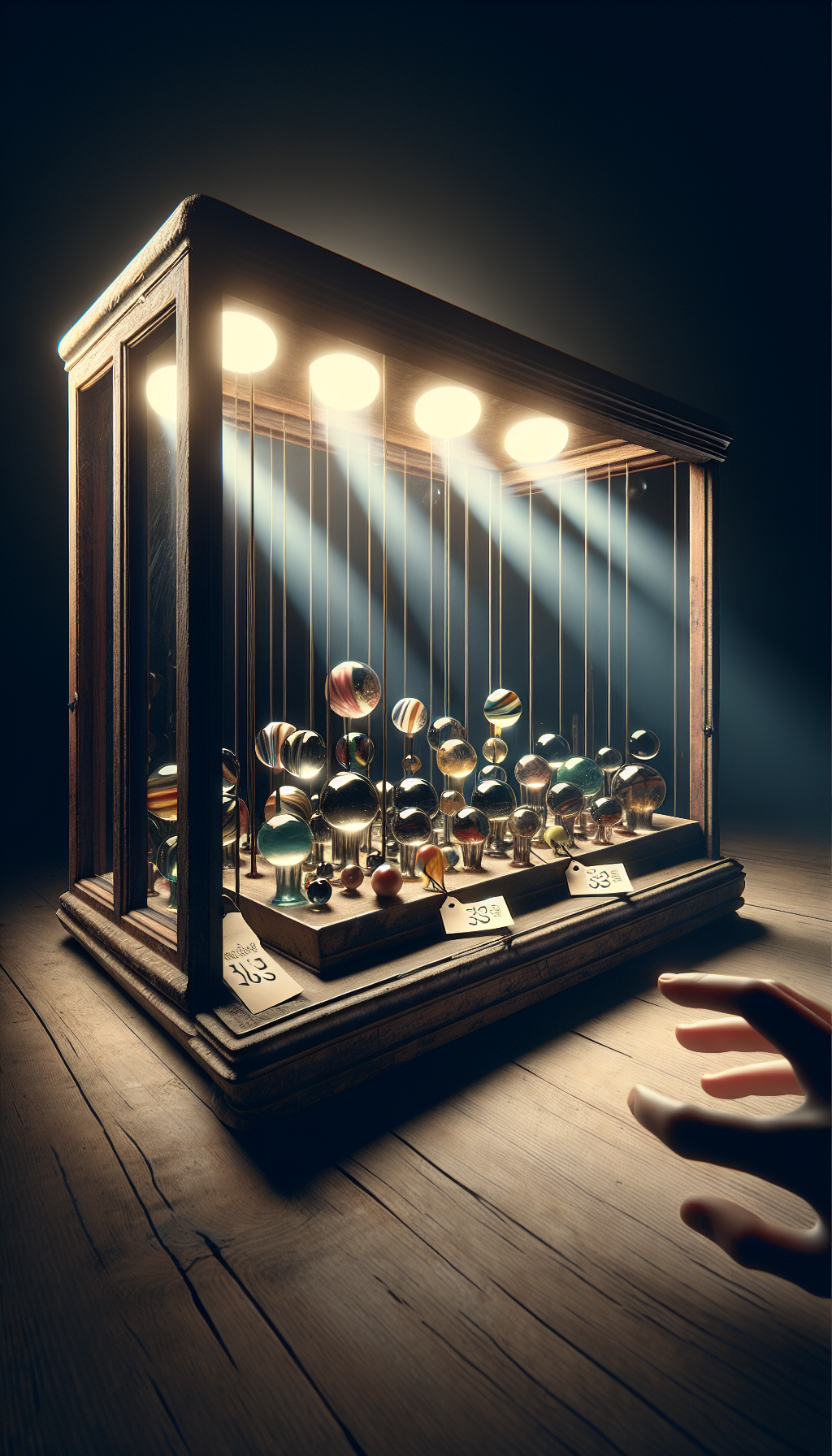 An elegantly aged wooden display case opens to reveal an array of antique marbles, each illuminated by a single ray of light, with transparent price tags floating above, some bearing hefty sums while others question marks. The juxtaposition of marbles as valuable antiques versus mere child's playthings is highlighted by the subtle shadow of a child reaching for them, blending realism with a touch of whimsy.