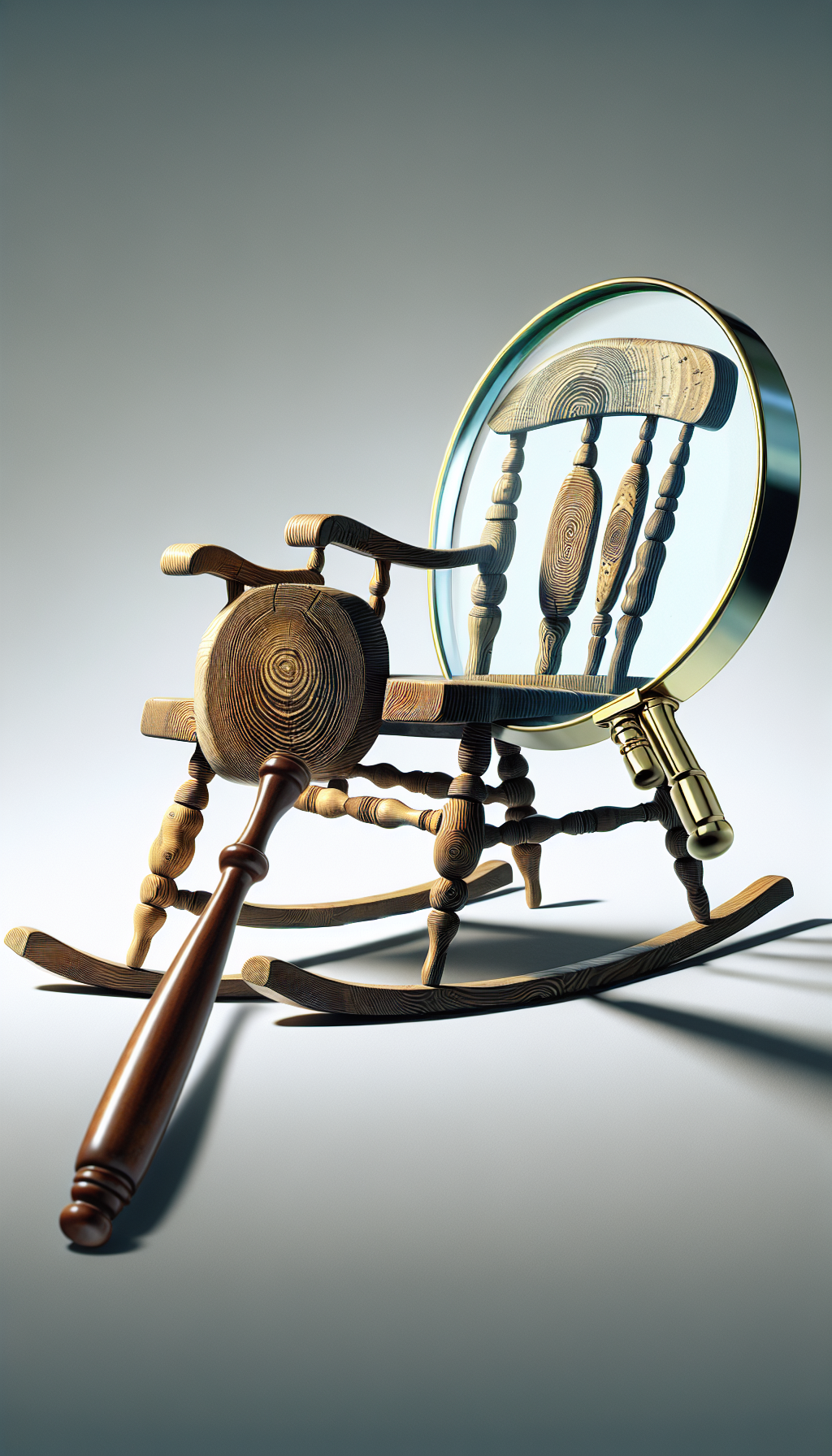A magnifying glass hovers over an intricately carved rocking chair, with age rings like a tree trunk and historical timelines etched upon its runners. Each etching glows to signify its valuable origin and era. The chair casts a shadow morphing into an auctioneer's gavel, symbolizing its high worth. The styles vary from photorealistic to line art, embodying a fusion of time and valuation.