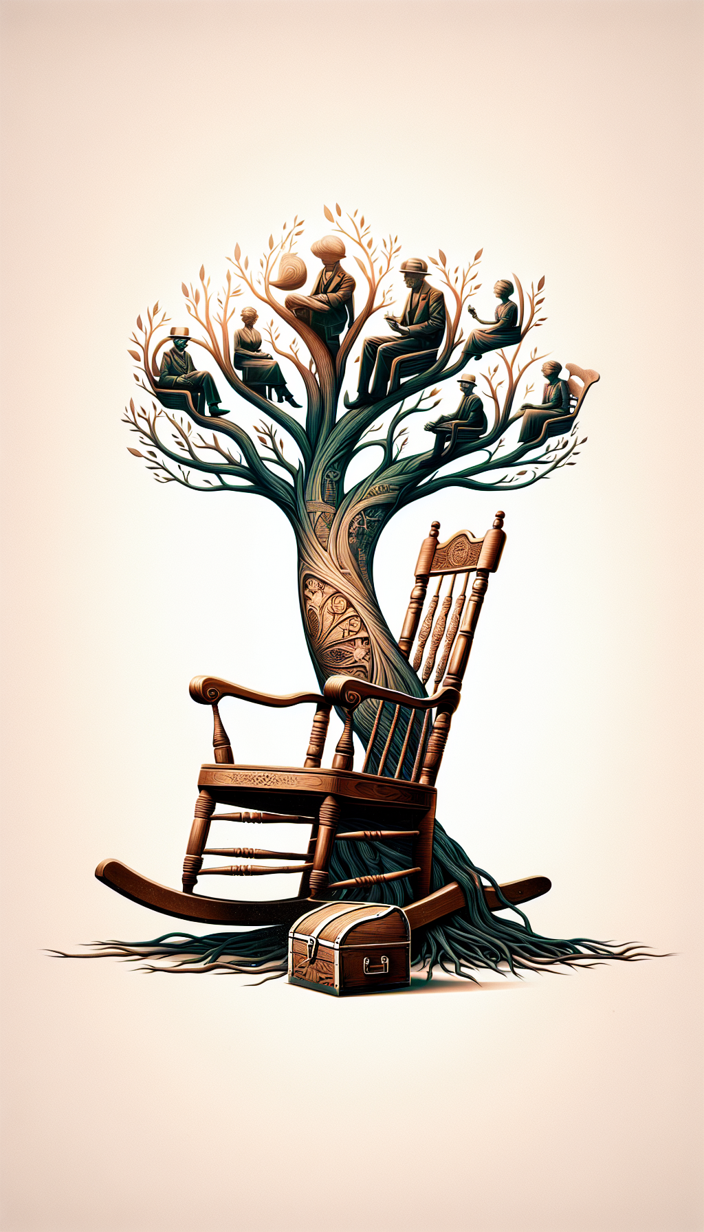 An elegant, vintage rocking chair stands at the forefront, its wood grain rich with age. Behind it, a transparent, ancestral tree grows from the seat, with notable historical figures perched on its branches, each holding a prized possession. The tree's roots delve into a treasure chest below, symbolizing the chair's storied past enhancing its value.