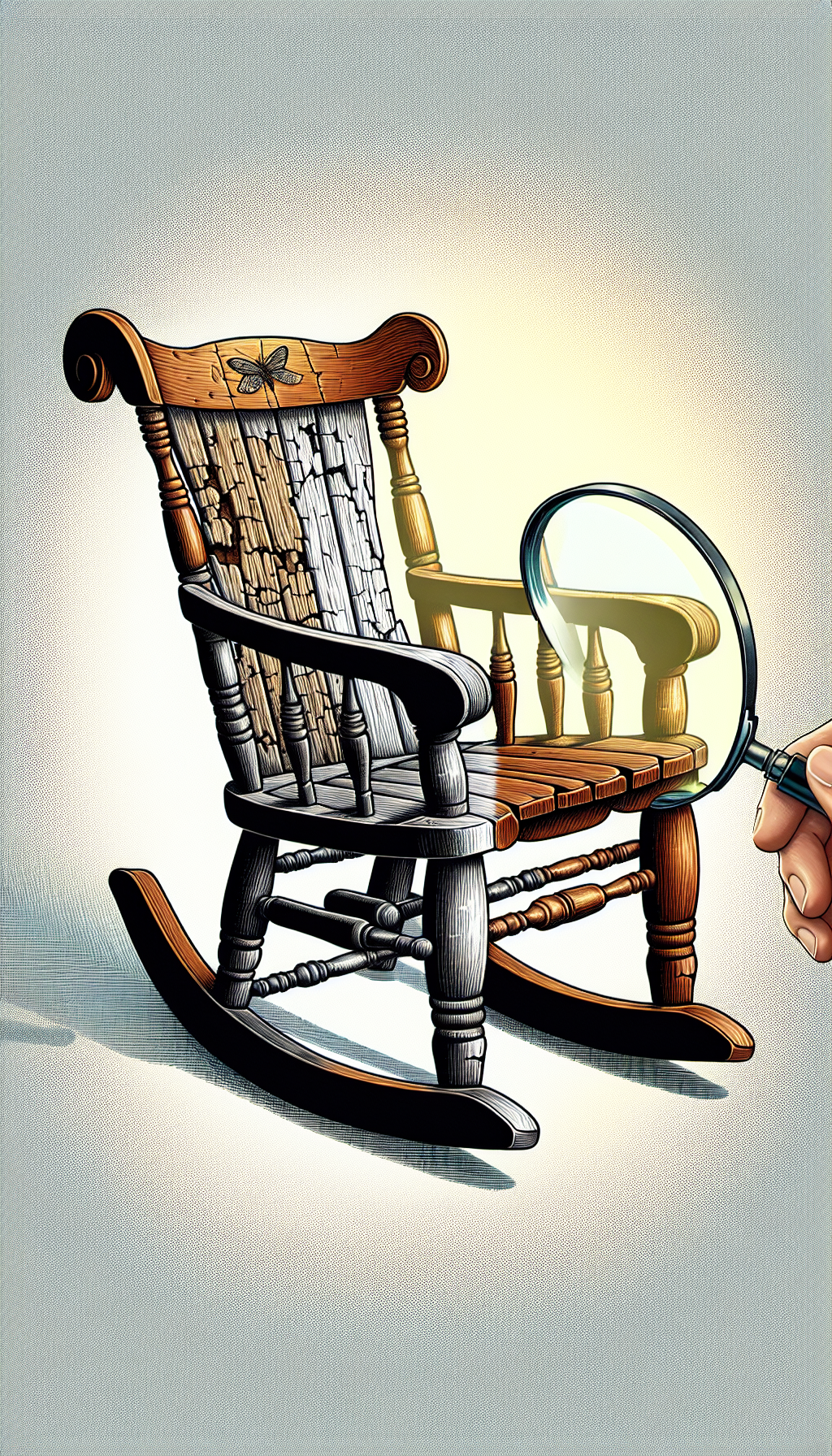 An illustration merges two halves of a rocking chair, one side aged and splintered, the other restored and polished, joined at the middle in a puzzle fit. An antique appraiser's magnifying glass looms over, examining the fine line where conditions diverge. The styles switch between a textured, faded look and a sleek, vibrant finish to emphasize the contrast in value assessment.
