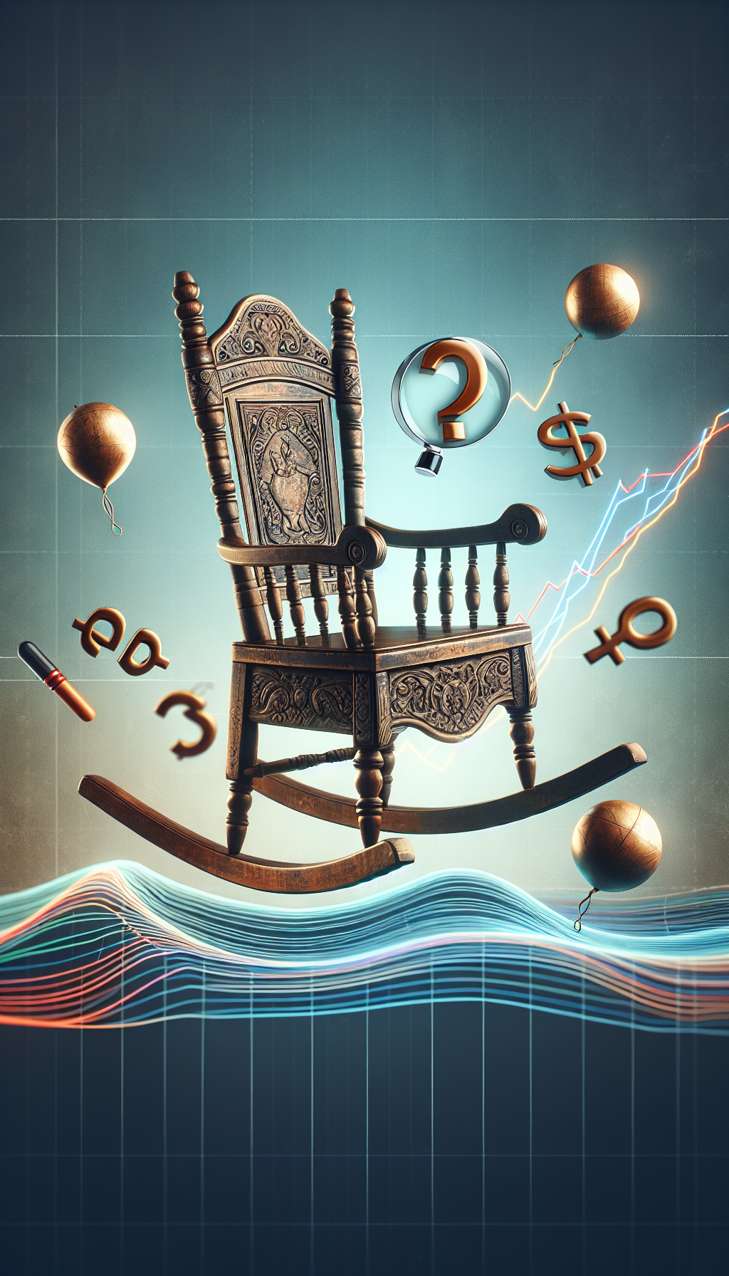 An antique rocking chair atop a fluctuating graph line as if riding ocean waves, with dollar signs and question marks bobbing around it. A magnifying glass hovers over, scrutinizing trend lines that weave through the chair's ornate carvings, indicating the scrutiny of supply and demand on its value. The chair's patina and intricate detailing subtly glow, hinting at its underlying worth.