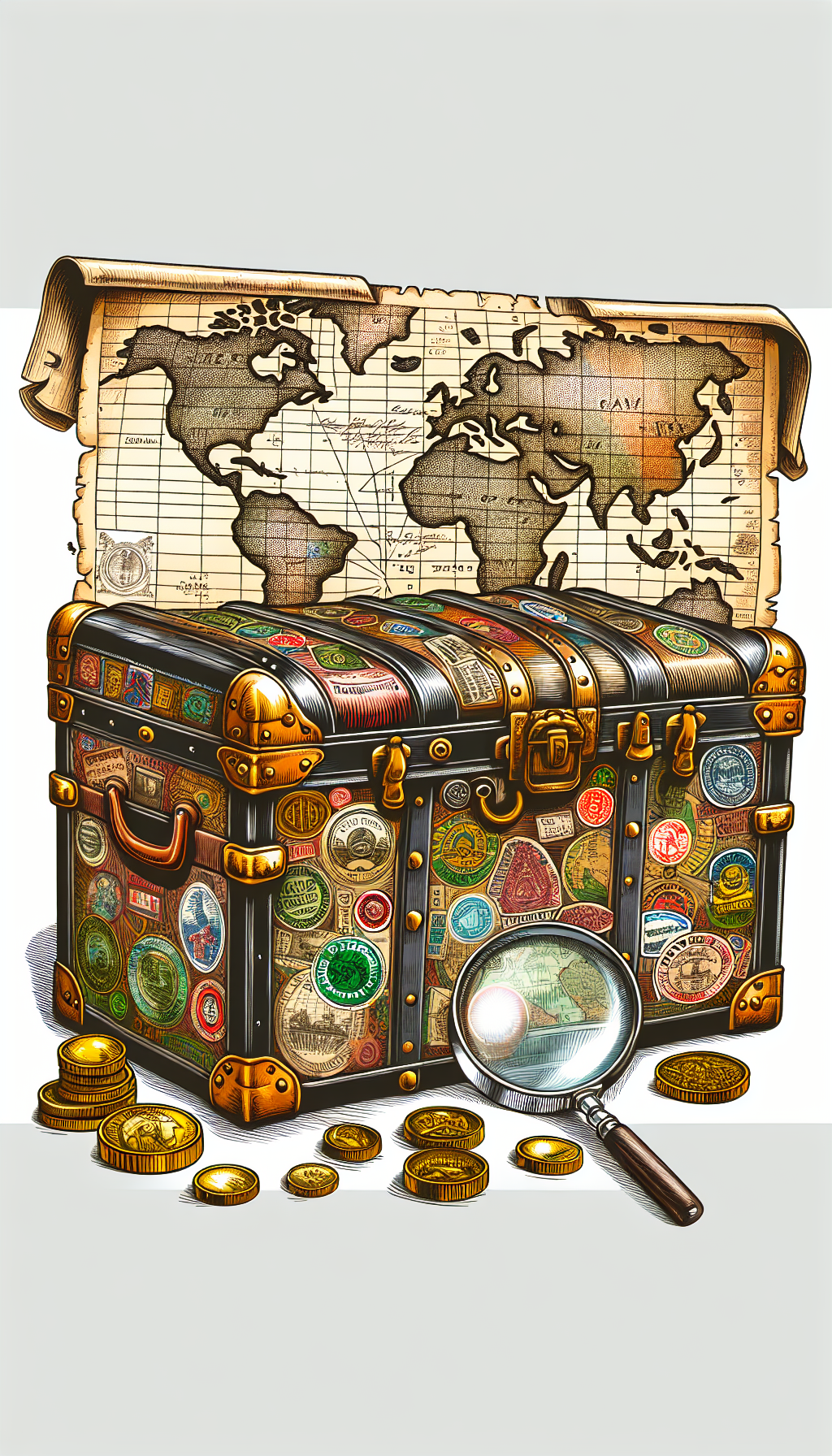 An illustration depicts an old, ornate steamer trunk adorned with vintage travel stickers indicating a rich history of global voyages. A faded map unfurls behind it, highlighting key historic routes, while golden coins and an appraiser's magnifying glass rest atop the trunk, symbolizing its antique value. The image combines detailed line art for the trunk with watercolor textures for the background elements.
