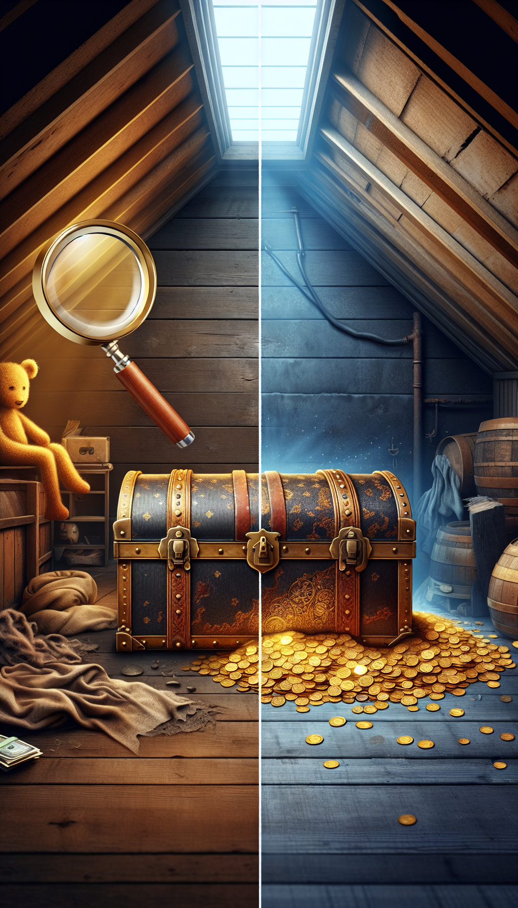 A split-screen illustration: On the left, a rust-covered, neglected antique trunk sits in a dim attic; on the right, the same trunk is restored, gleaming with rich patina, positioned in a luxurious setting, with golden coins spilling out. A magnifying glass hovers between the scenes, focusing on key value factors like pristine hardware and intact leather straps.