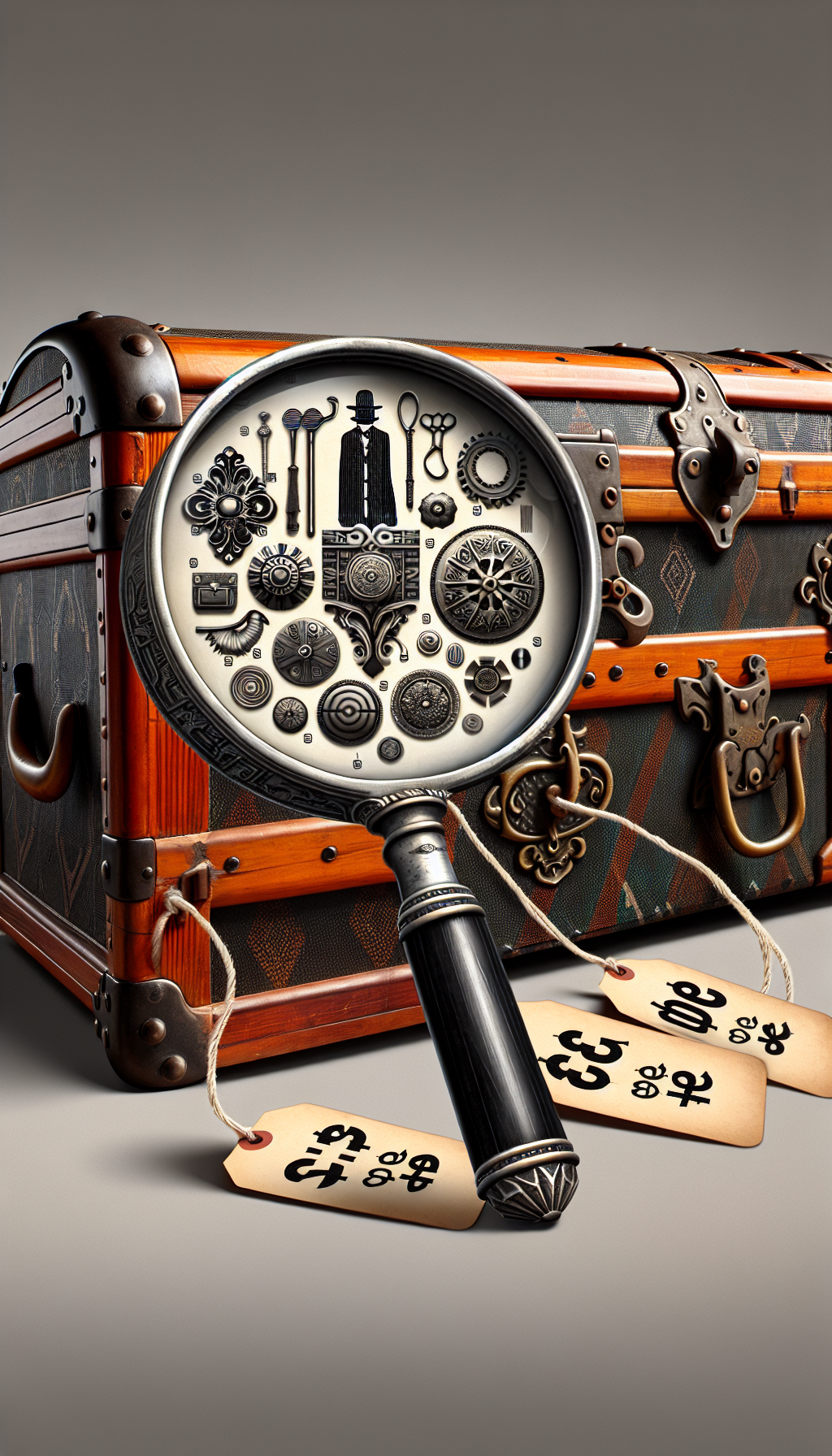 An ornate magnifying glass looms over a classic steamer trunk, its lens revealing a tapestry of time-specific stylistic details—Victorian embellishments, Art Deco hardware—each attributed to a silhouette of the era's quintessential craftsman. Beneath this vignette, price tags dangle, gradually increasing in value from left to right, symbolizing the trunk's escalating worth as its history is uncovered.