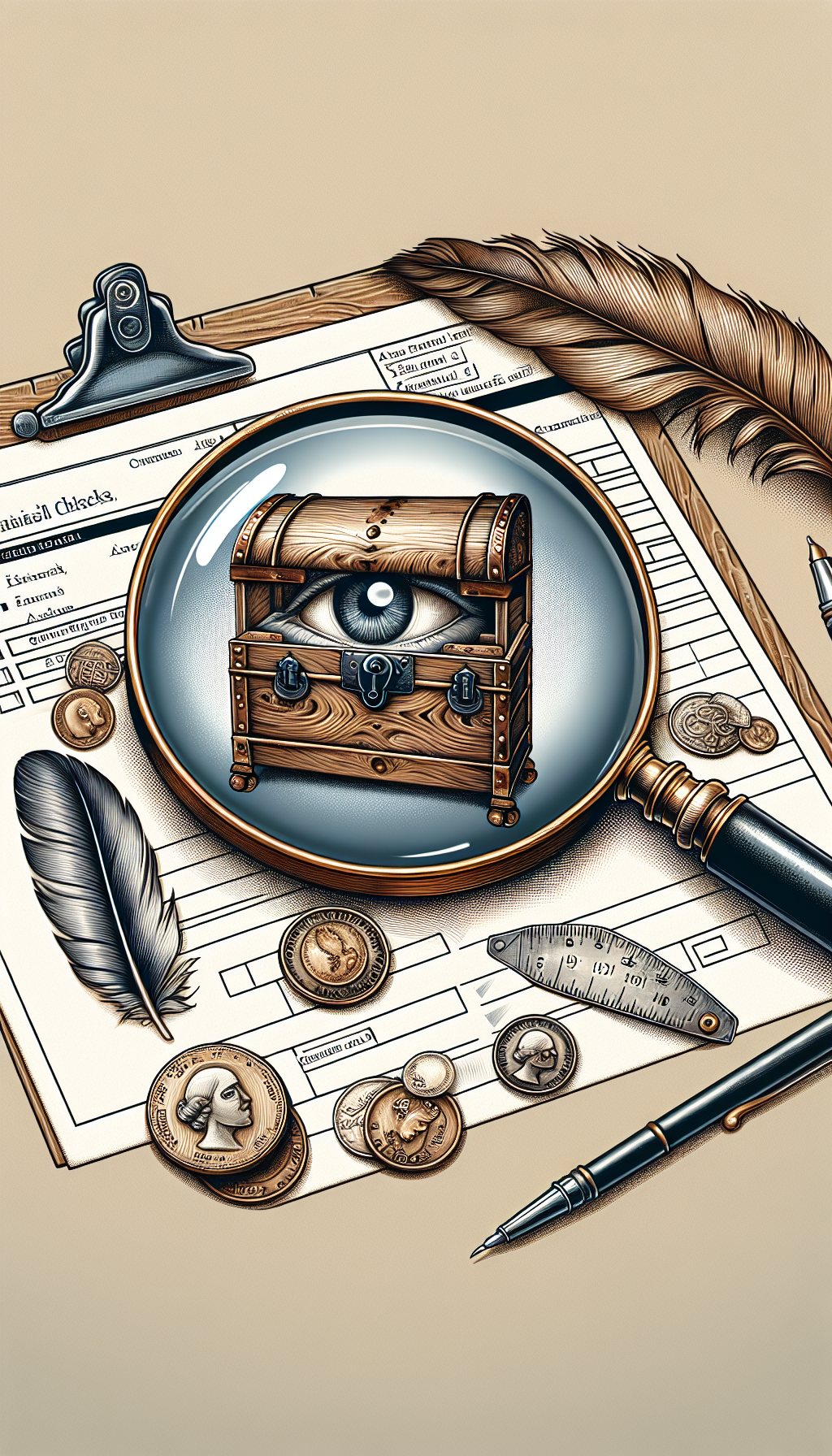 An illustration depicts a magnified monocled eye reflecting an antique steamer trunk, with intricate details etched into its wooden slats and brass fittings shining. Swirling around the trunk, a tape measure and an array of vintage coins indicate its value, while a feather pen and appraisal checklist overlay the image, suggesting expert scrutiny and valuation tips within.