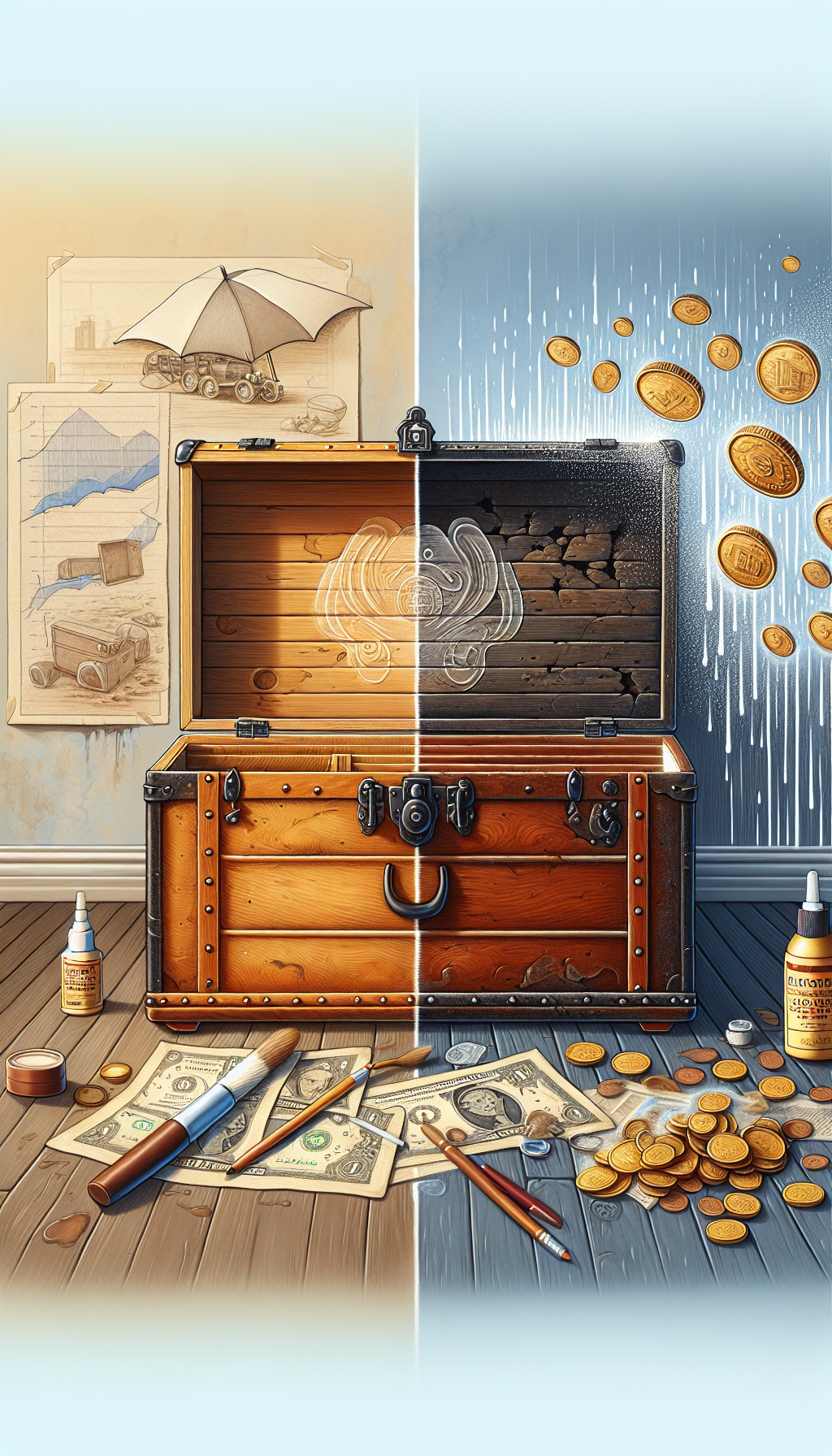 An illustration shows an antique steamer trunk, half treated with wood polish and leather conditioner, glowing with a restored finish, while the other half remains untouched and dull. Above, a transparent shield emblem symbolizes protection, and vintage coins rain down, turning into a graph that indicates increasing value. Styles transition from realistic on the restored side to sketch-like on the untreated side.