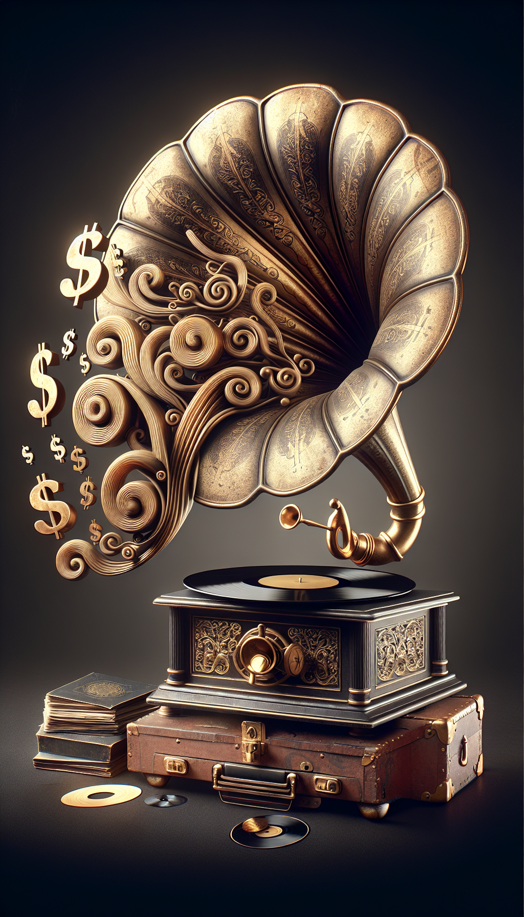 An elegant image crafted in sepia tones, showcasing a pristine Victrola player with golden accents as its horn gracefully morphs into a swirling treasure map. Vintage dollar signs, like musical notes, float from the horn, leading to a chest of classic vinyl records, embodying the timeless value and captivating charm of antiquity within the sphere of music history.