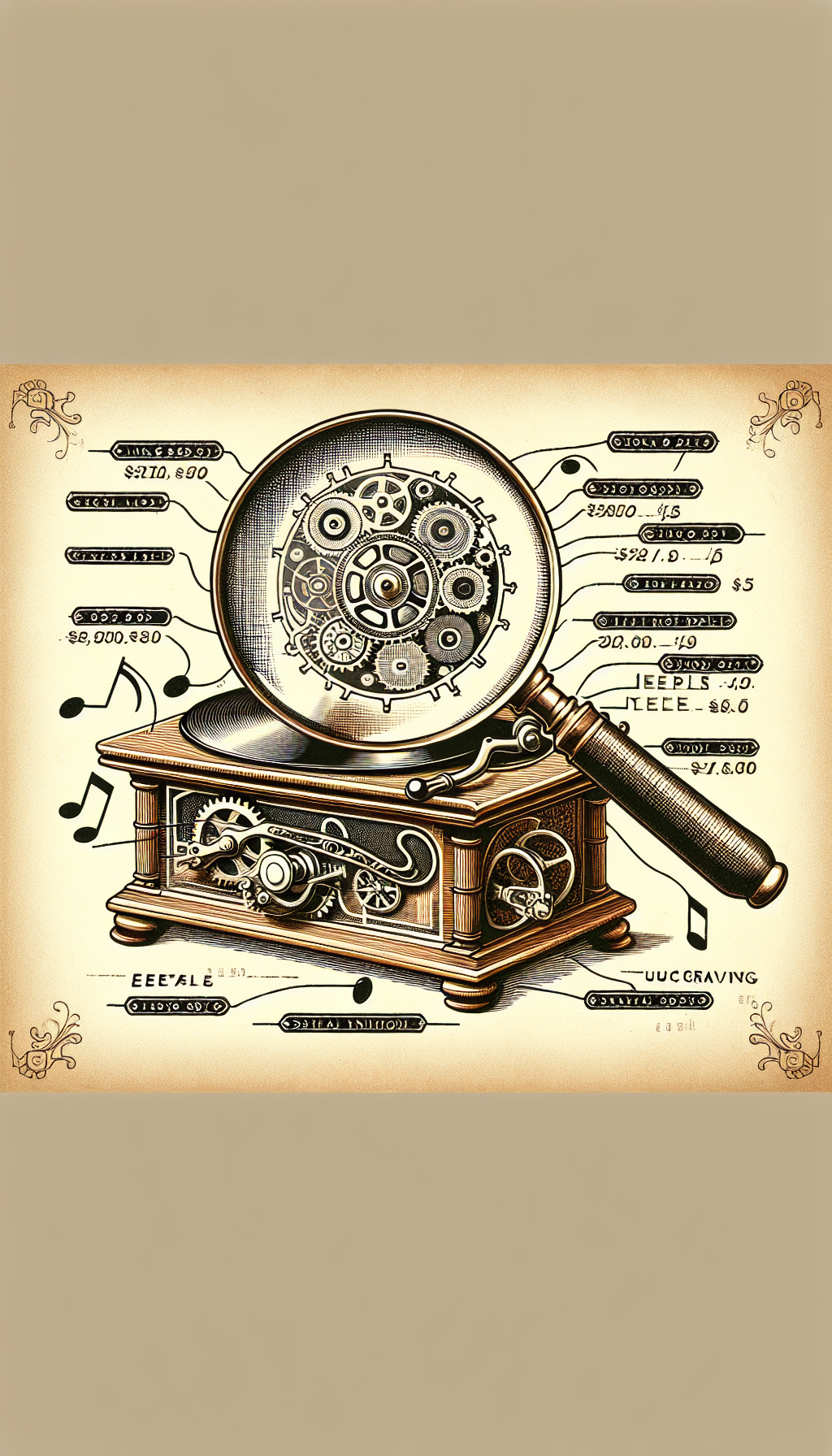 An illustration depicts a magnifying glass hovering over an ornate Victrola, with visible notes and price tags emanating from components like the turntable, needle, and horn. The magnifying glass reveals the inner cogs and engraved serial numbers, symbolizing close scrutiny. The image is rendered in sepia tones with ink outlines, lending an antique feel to evoke historical assessment and valuation.