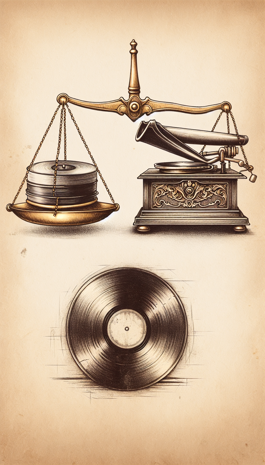 An elegant, hand-drawn sepia-toned illustration showing a pristine antique Victrola record player with shiny details on one side, gradually transitioning into a rougher, sketch-like drawing of a neglected, dusty version on the other side. A golden scale above balances a mint condition vinyl and a worn-out record, symbolizing how the state and quality of antiques directly influence their value.