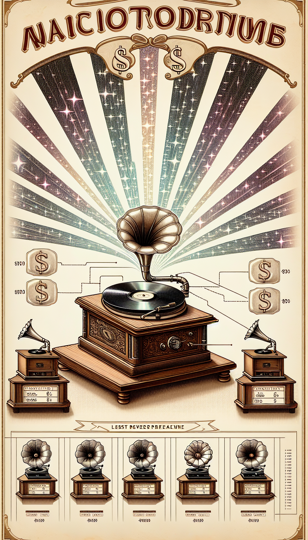 An illustration depicts a gleaming antique Victrola record player with rarity 'rays' - akin to sunbeams - shining out from behind it, each ray labeled with factors affecting scarcity (e.g., production year, condition, model). A transparent overlay of increasing dollar signs symbolizes value growth as these rays extend toward the edges, where less common models are spotlighted on pedestals in varying artistic styles.