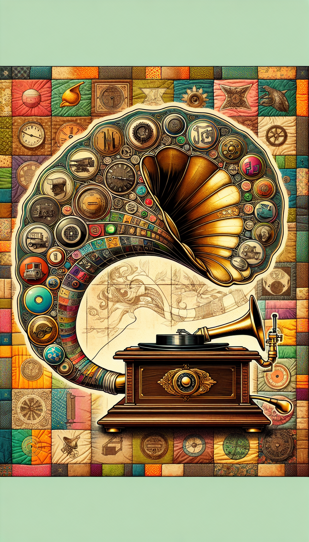 An intricate steampunk-inspired victrola record player with its horn unraveling into a spiraling historical timeline, connecting icons of different eras to their corresponding model and brand badges, each linked to a tapestry of provenance tales. The background is patchwork of sepia-toned and vibrant vignettes, symbolizing the fluctuating value of antiques in a whimsical past-meets-present motif.