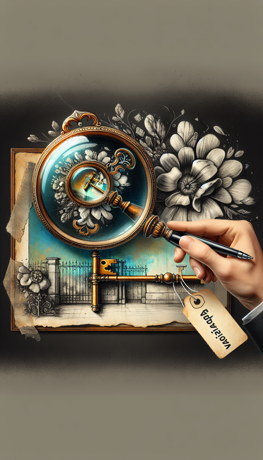 An intricate magnifying glass hovers above a classic, ornate key; through its lens, we glimpse a faded photo transitioning into a vibrant, detailed painting of an antique piece, symbolizing its authenticated value. A tag labeled "Appraisal" dangles from the key, mixing sketches with watercolor finishes to depict the blend of history and the art of antique valuation.