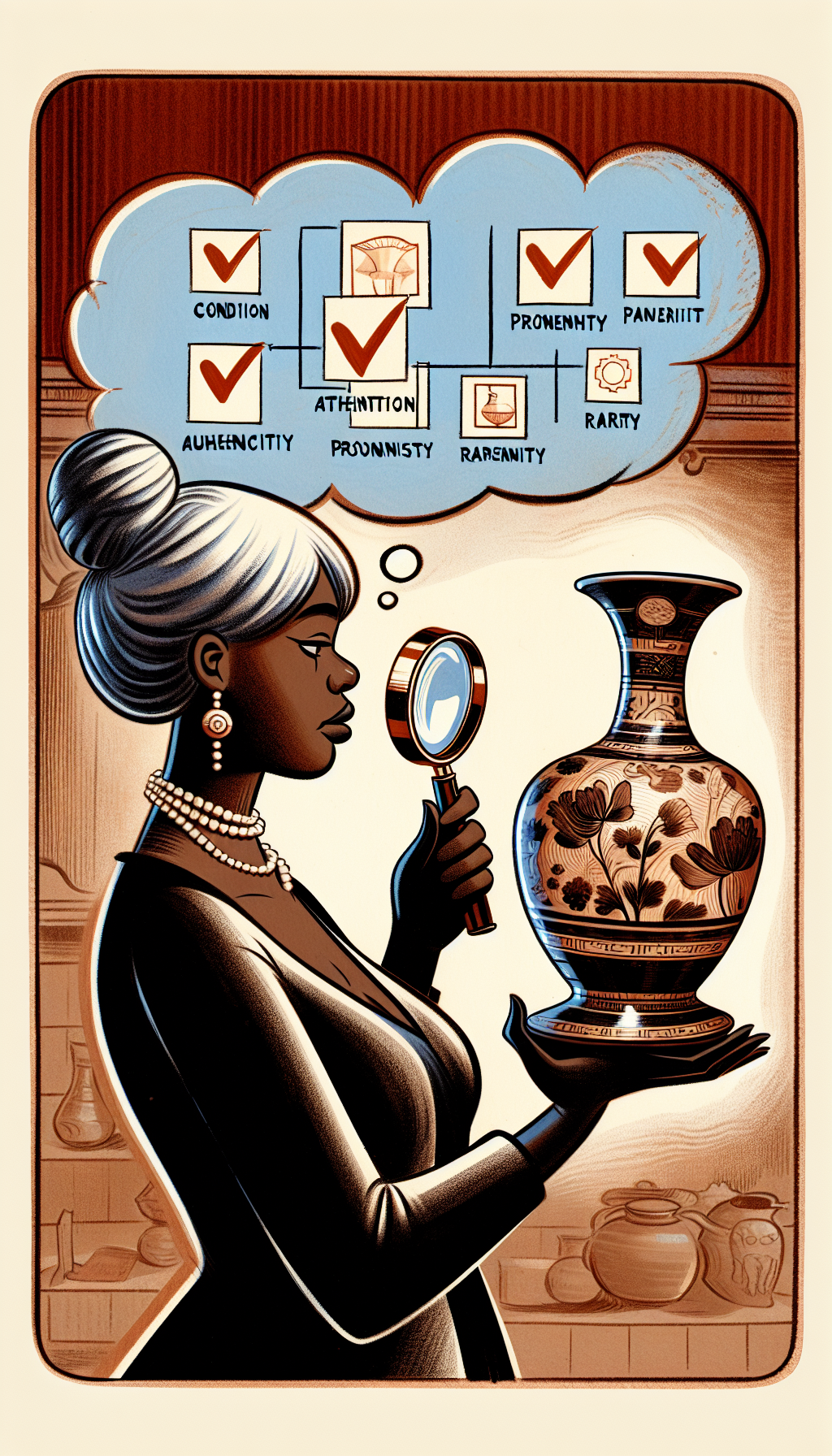 An illustration depicts an appraiser with a magnifying glass closely inspecting an antique vase, with checkmarks in thought bubbles featuring symbols for condition, authenticity, provenance, and rarity. The magnifying glass reveals detailed patterns on the vase, turning parts into a semi-transparent view with historical dates and maker’s marks emphasized, blending watercolor and line art styles.