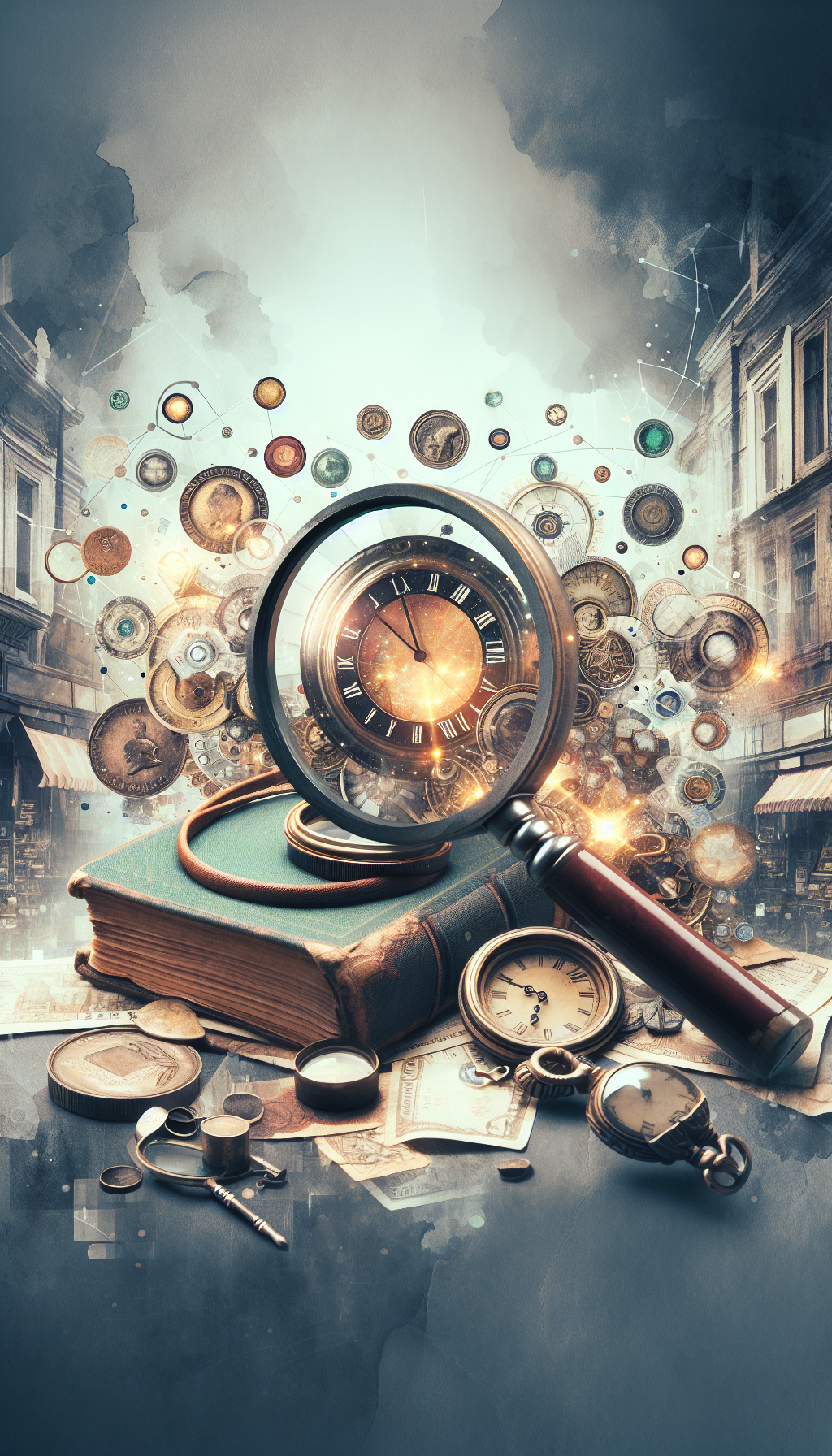 An antique magnifying glass hovers over a cluster of diverse treasures—a vintage watch, an old book, and a rare coin—casting a glowing aura of numbers and symbols to signify their appraised values. The backdrop features a muted watercolor of a crowded antique shop, adding depth and texture, blending the modern with the timeless allure of antiques.