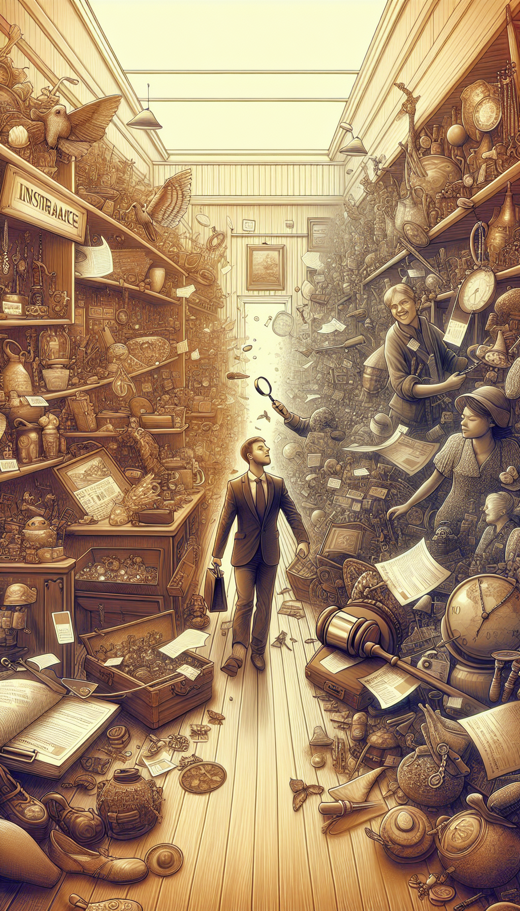 An illustration presents a whimsically cluttered antique shop, where a shopper navigates through a maze of collectibles, guided by price tags and insurance certificates doubling as stepping stones. In the background, an appraiser with a magnifying glass and a gavel oversees the labyrinth, signifying the importance of valuation in this market adventure. The styles shift from sepia-toned realism near the appraiser to vibrant, exaggerated caricature by the shop's entrance.