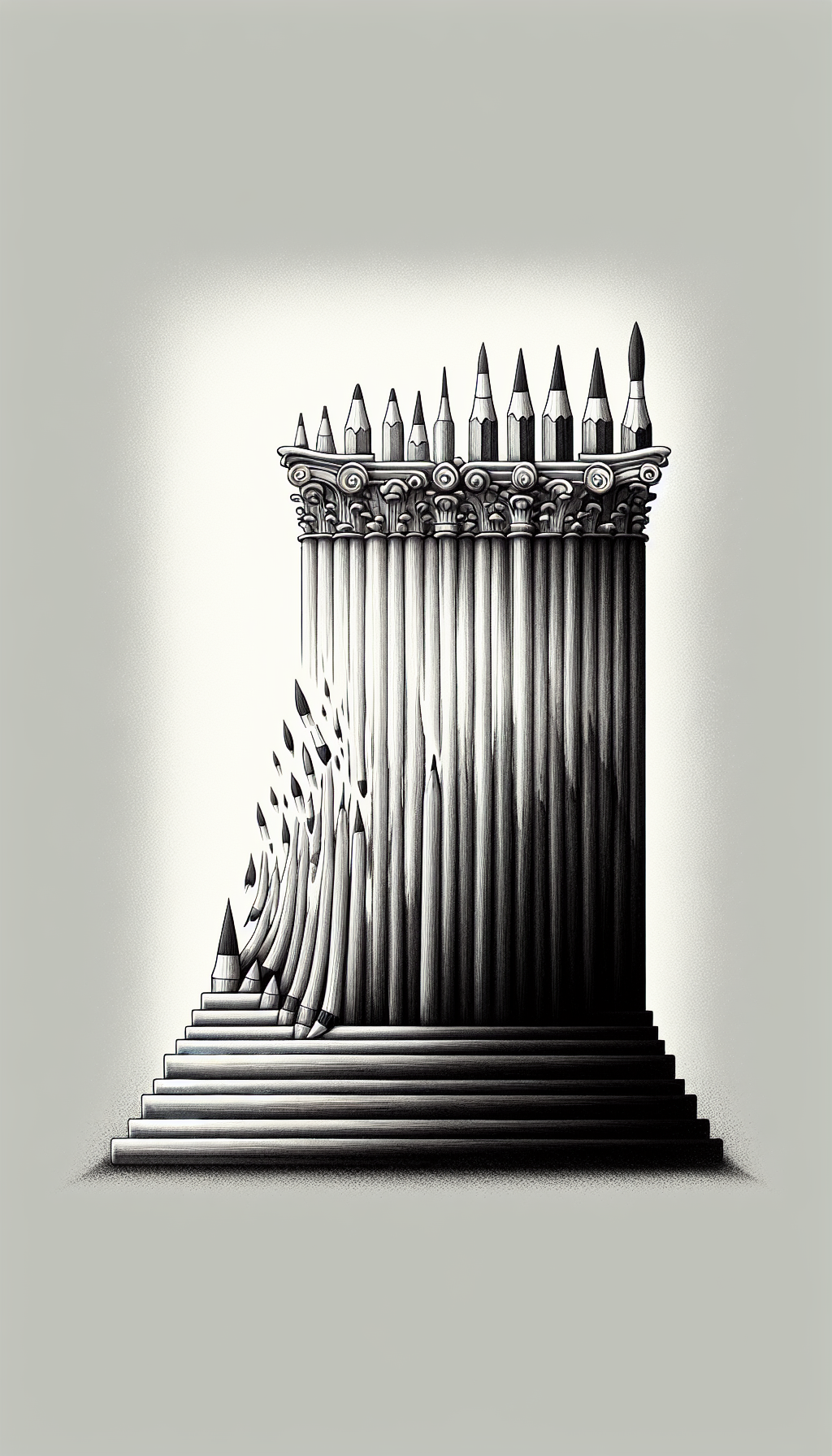 An illustration that depicts a spectrum of pencils to paintbrushes, each progressively creating broader strokes across a canvas, transitions from black to white. This grayscale gradient symbolizes value, an element of art, forming an incomplete classical column, representing the foundational aspect of value in art. The column's incomplete state suggests the ongoing exploration of understanding within the creative realm.
