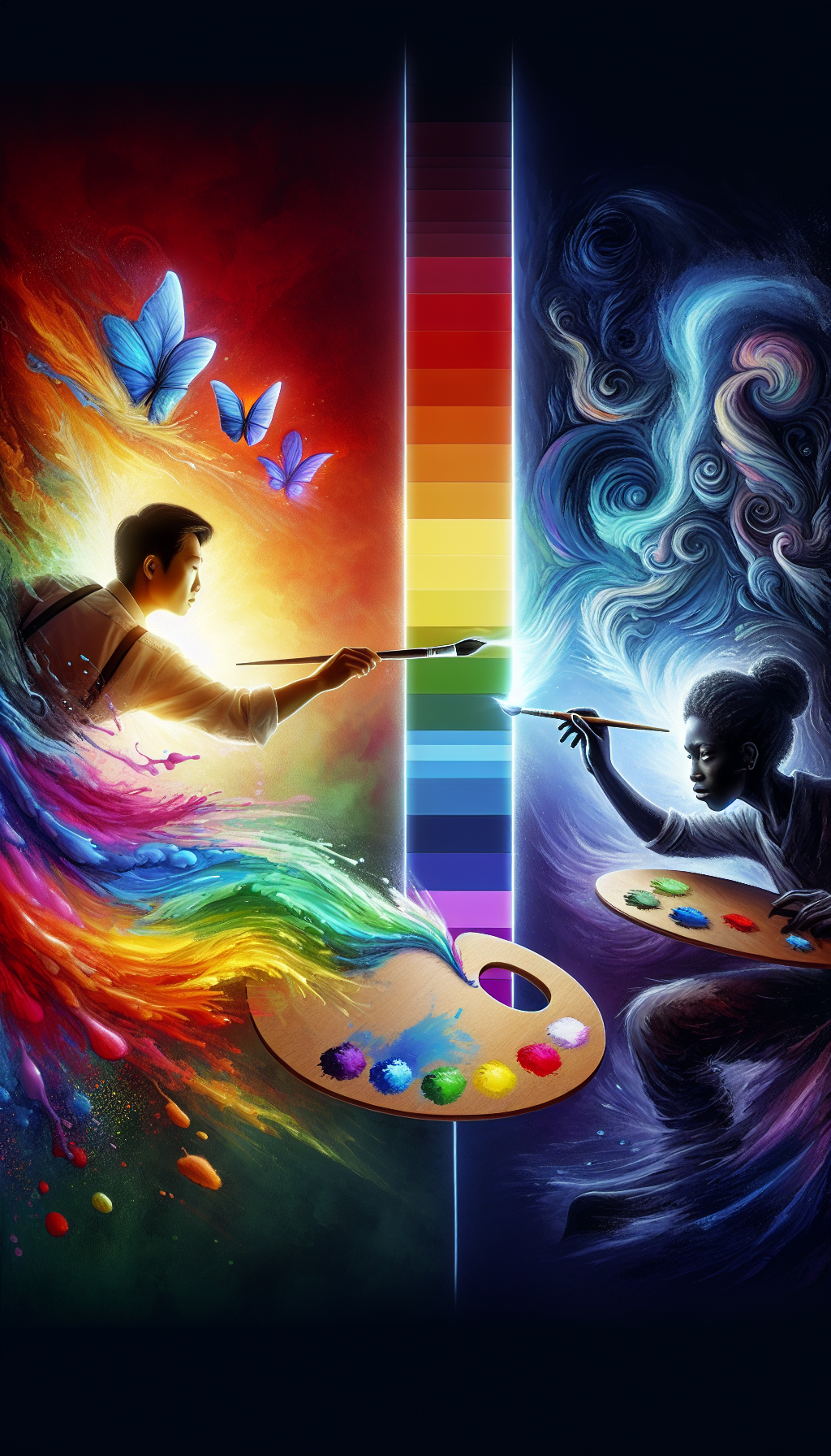 An illustration of a painter’s palette where the colors gradually shift from vibrant, luminous hues to deeper, muted tones, bisected by a spectrum bar. On one side, an artist wields a brush of light, illuminating a canvas with bright strokes, while on the opposite, another artist shapes shadows, crafting depth and contrast, symbolizing the duality and balance in artistic value.