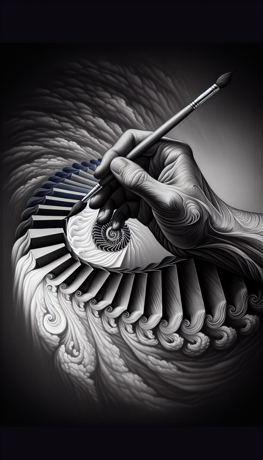 An illustration depicts an artist's hand emerging from the canvas, holding a paintbrush that applies a grayscale spectrum. As the grayscale brushstrokes stretch across the canvas, they transform into a three-dimensional, spiraling staircase, demonstrating value's power to create depth, with each step transitioning from white to black to symbolize the element of art value.