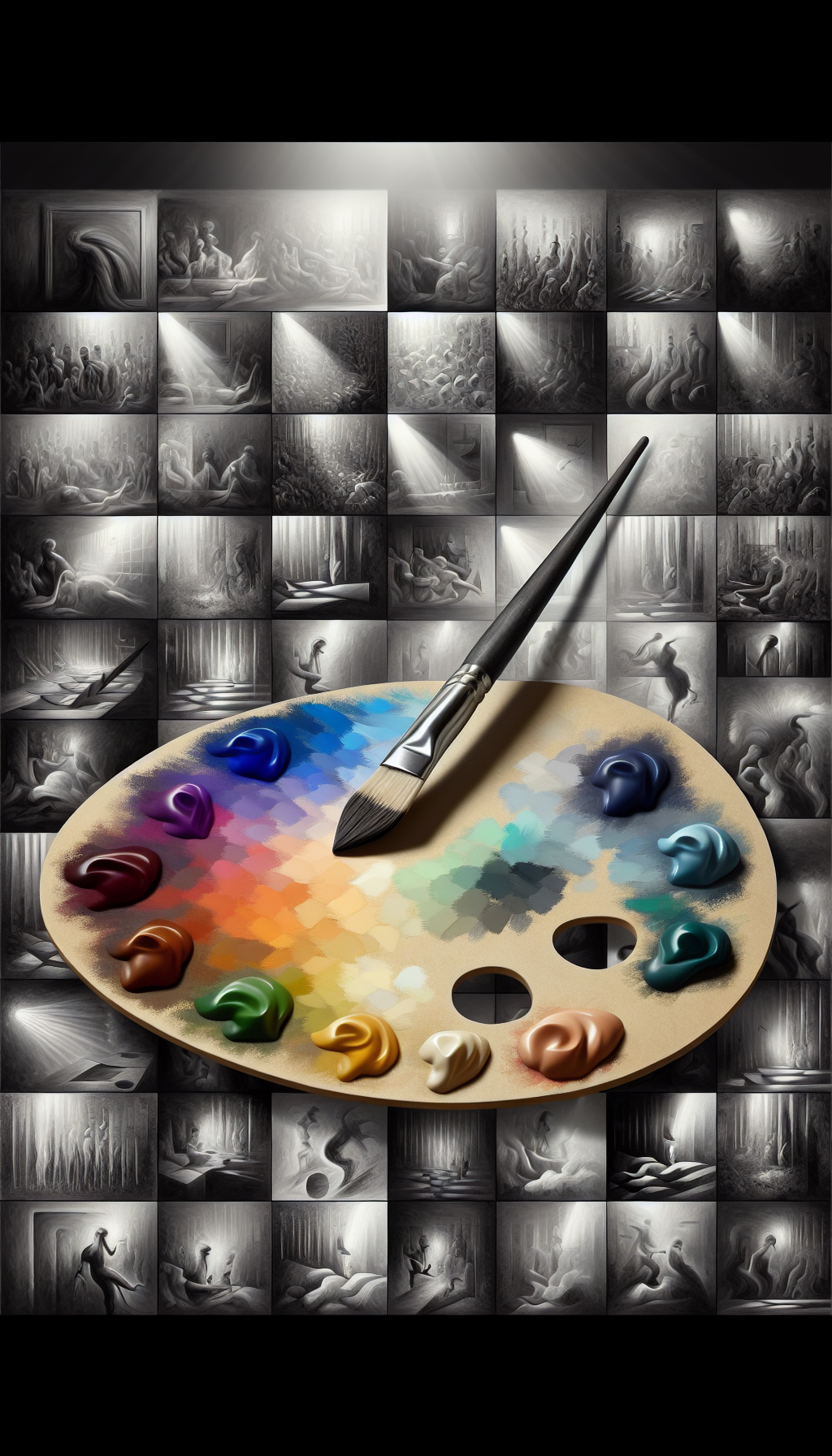 An illustration presents a painter's palette where each paint dollop transitions smoothly from light to dark, symbolizing a spectrum of tones. A brush hovers above, its tip showing a gradient blend. In the background, a monochrome artwork varies in shades, fragmented into various stylistic sections - from realism to abstract - each demonstrating the nuances of light and shadow application, epitomizing the mastery of artistic value.