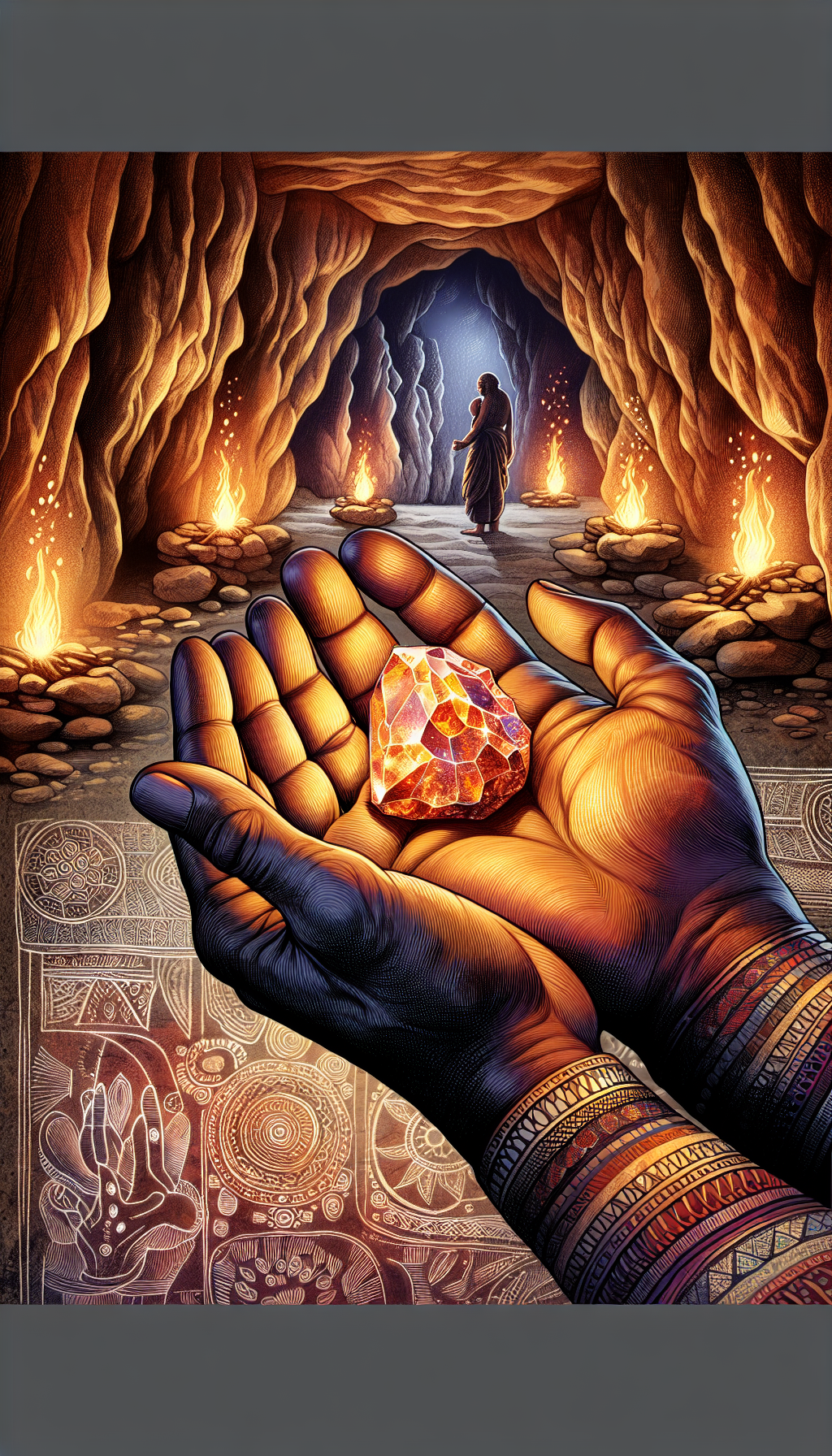 An evocative illustration depicts a pair of ancient, weathered hands cradling a vibrant, glistening quartz rock against a backdrop of cave paintings illuminated by firelight. The rock sparkles with detailed linework to suggest its intrinsic value, while a subtle overlay of geometric patterns nods to traditional Indian art, symbolizing the timeless legacy of fire starter rocks in Indian heritage.