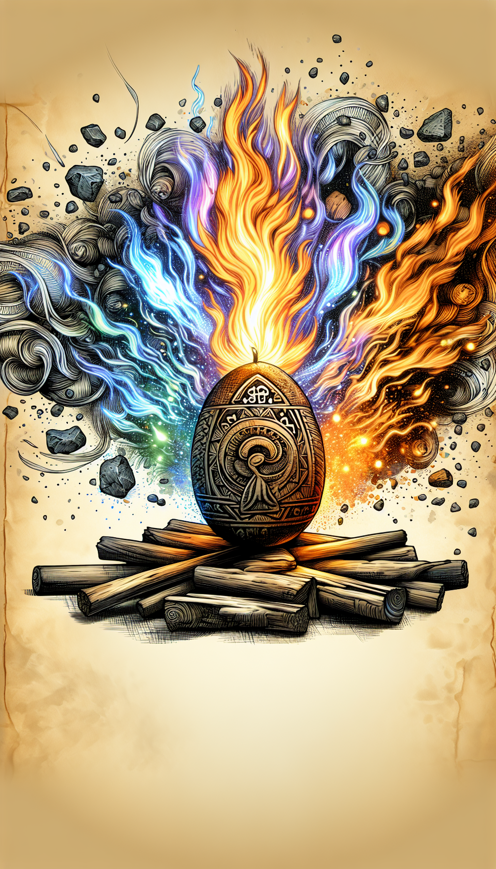 An illustration capturing the metamorphosis of a spark into a roaring flame, with a centerpiece of intricately designed Indian fire starter rocks, glowing amid tender and kindling. Their value is signified by ancient Sanskrit engravings that shimmer in the firelight. Styles merge as the rocks are realistically detailed against a stylized, almost totemic flame background that transitions from fine-line art to luminous watercolor hues.