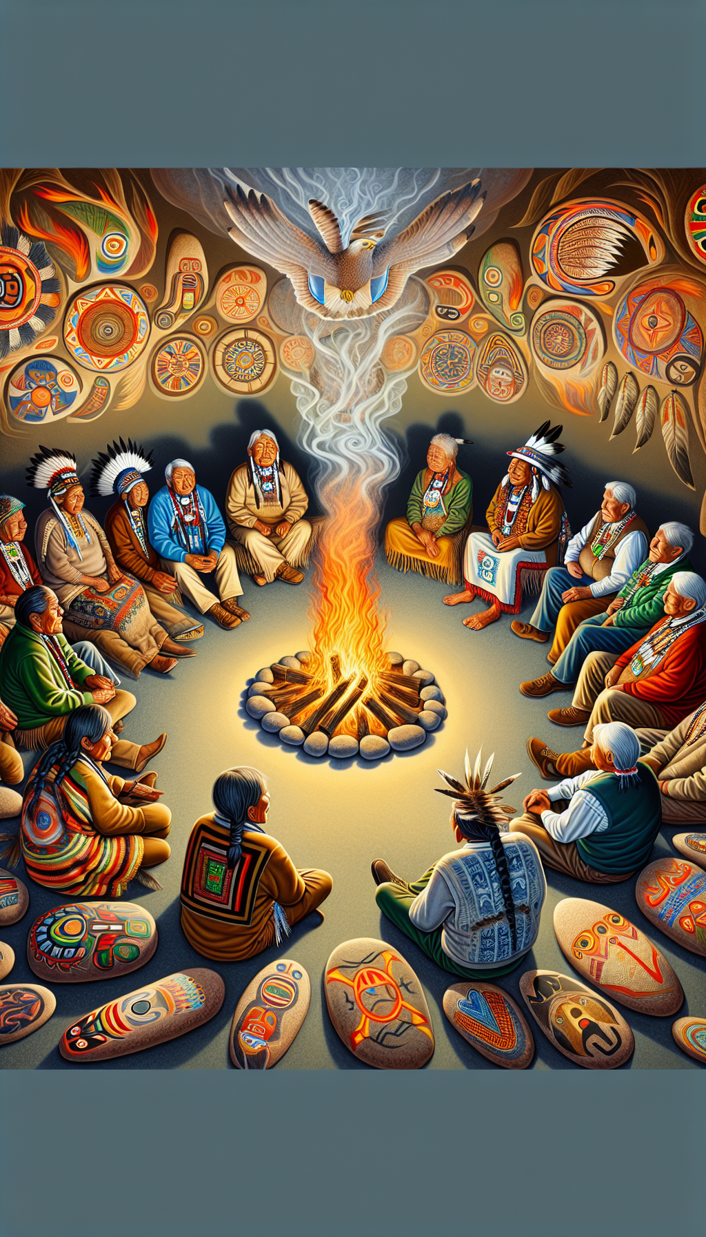 An illustration shows a circle of elder Native Americans sharing stories around a sacred fire ignited by traditional fire starter rocks. In the flickering flames, faint shapes of iconic totems and animals emerge, symbolizing the rich cultural heritage. The rocks are depicted with intricate, colorful patterns, emphasizing their deep value and significance within the tribe's traditions.