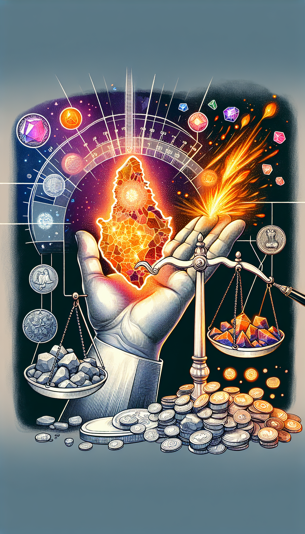 An illustration showcasing a hand delicately holding an intricate, glowing Indian Fire Starter Rock, surrounded by lesser stones. Above, an ethereal balance scale measures its radiance against a pile of coins and jewels, symbolizing its value. The rock emits fiery sparks, subtly forming the silhouette of the Indian subcontinent, with a magnifying glass overlaid, hinting at the examination of its worth. Each element is drawn in contrasting artistic styles—realistic, abstract, and geometric.