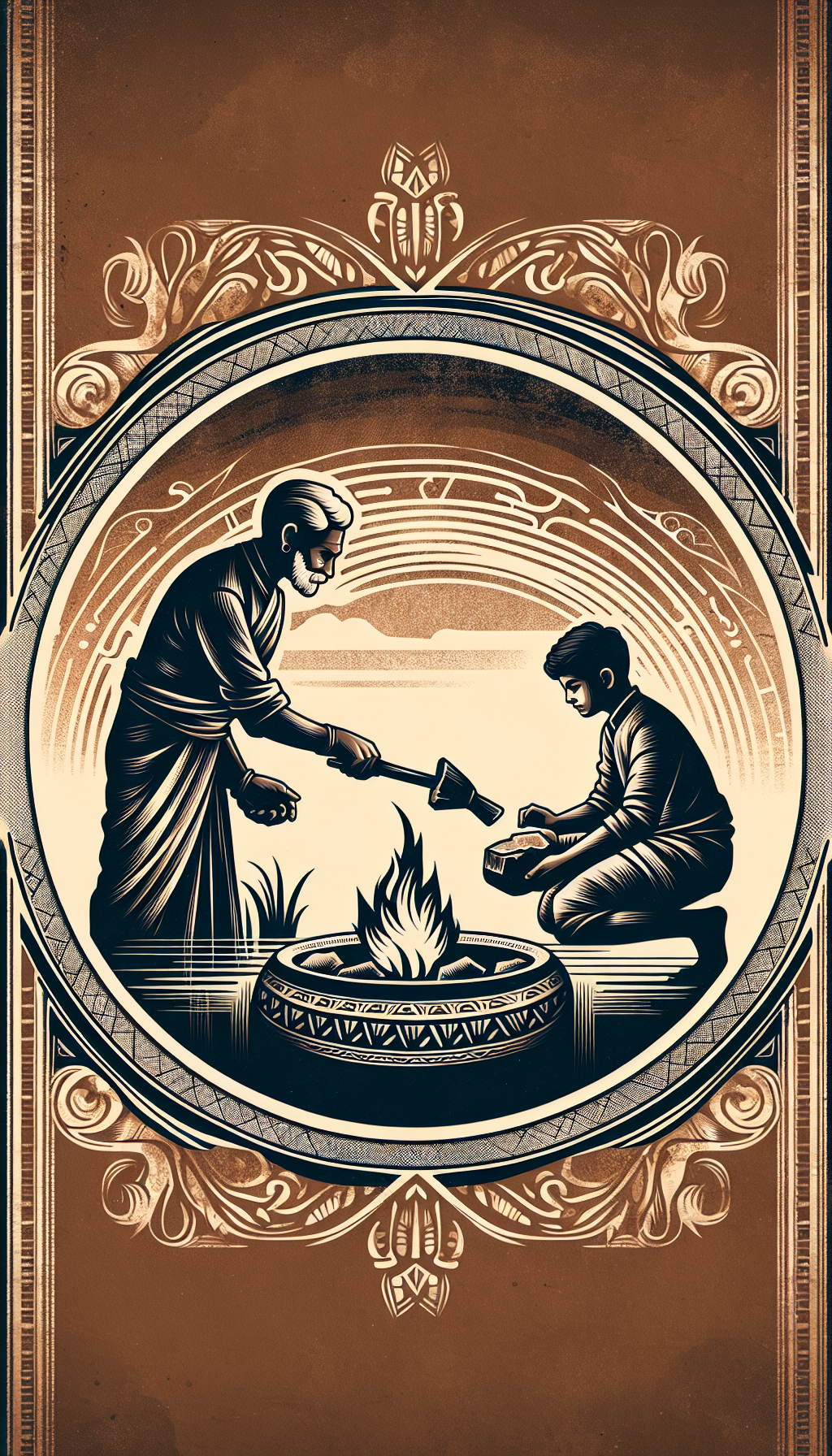 An illustration depicts an elder teaching a young apprentice the ancient Indian fire-starting method using flint rocks, with the scene artfully blended into the silhouette of a majestic traditional Indian fire pit. Both figures are in traditional attire, and the edges of the image are adorned with faded tribal patterns, symbolizing the timeless value of cultural preservation.