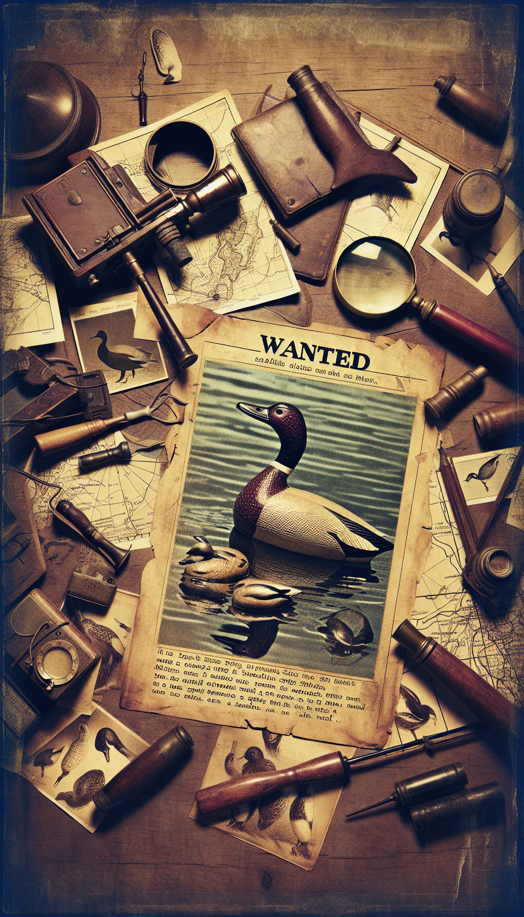 A sepia-toned detective's desk, cluttered with faded photographs and maps of famous waterfowl migration routes, with a magnifying glass hovering over a historically significant duck decoy. Part of the image transitions into a vibrant 'Wanted' poster featuring a sketch of the most sought-after antique decoy, blending nostalgia and urgency in the quest for identification.