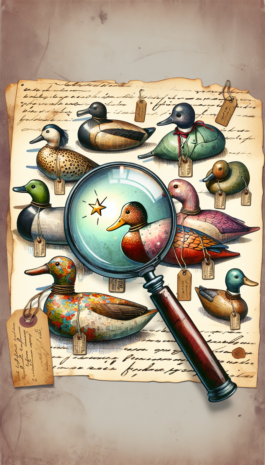A vibrant watercolor vignette where a classic detective magnifying glass hovers over a lineup of whimsical, skillfully aged duck decoys against a muted, antique script background. The glass zooms in on the rarest decoy, which glows subtly, marked by a vintage star badge, symbolizing its 'most wanted' status while antique identification tags dangle from their necks.