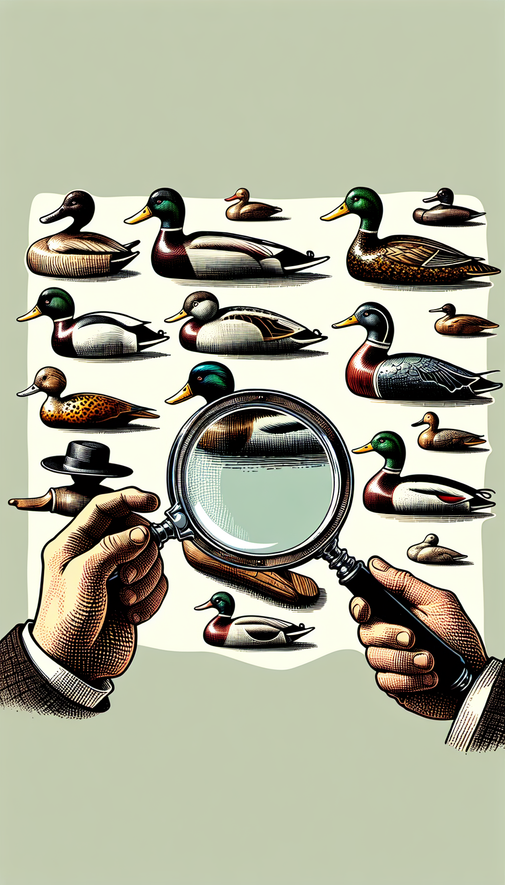 An illustration of a classic detective's magnifying glass scrutinizing a lineup of vintage duck decoys, with the most wanted antique highlighted under the lens, radiating a subtle glow. The whimsical ducks exhibit varied styles—from crosshatched ink, watercolor splashes, to woodcut textures—emphasizing their unique features and the collector's quest for authenticity.