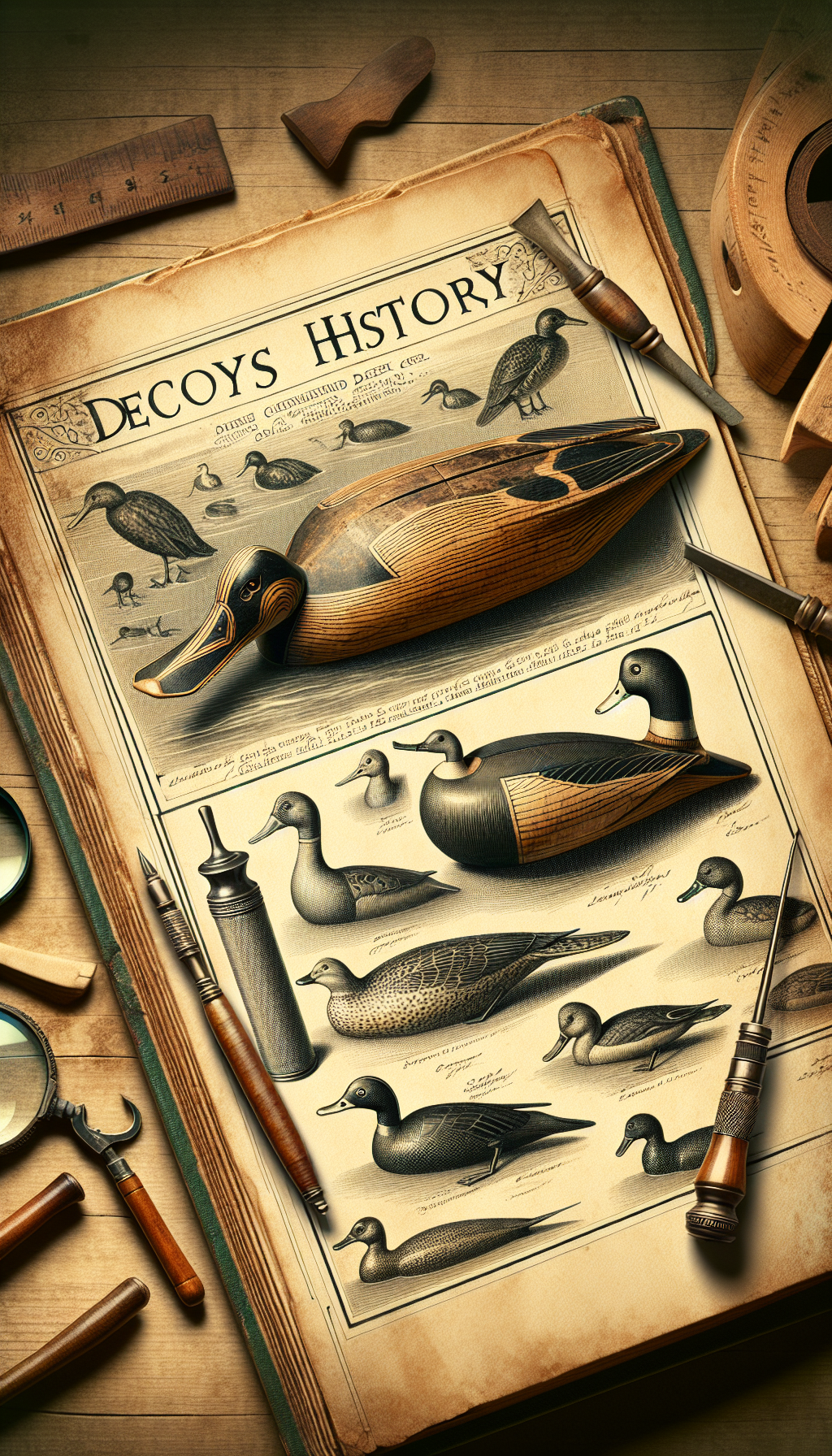 An illustration showcases a weathered wooden duck decoy perched atop an elegantly-bound book labeled "Decoys History." Intricate engravings of carvings tools and collectors’ magnifying glasses frame the scenery, while faded sketches of rare decoys ripple across the page corners, hinting at the sought-after identification guide. Antique font titles splash the foreground, creating an aura of vintage investigation.