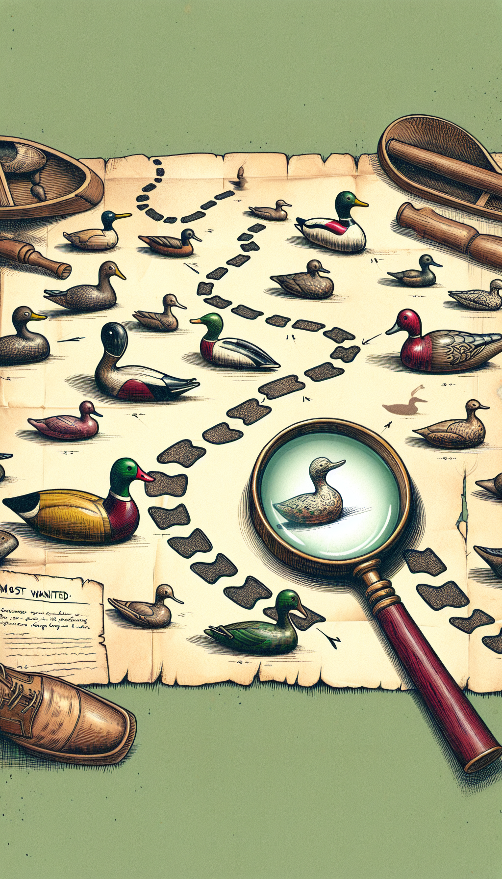 An illustration depicting an antique shop themed treasure map, with a pathway of footsteps winding among a scattering of various whimsical, vintage styled duck decoys. At pathway's end sits a magnifying glass highlighting a rare, 'most wanted' decoy, signifying the investment gem. The decoys gradually transition from sketchy outlines to detailed, colorful representations to denote the identification process.