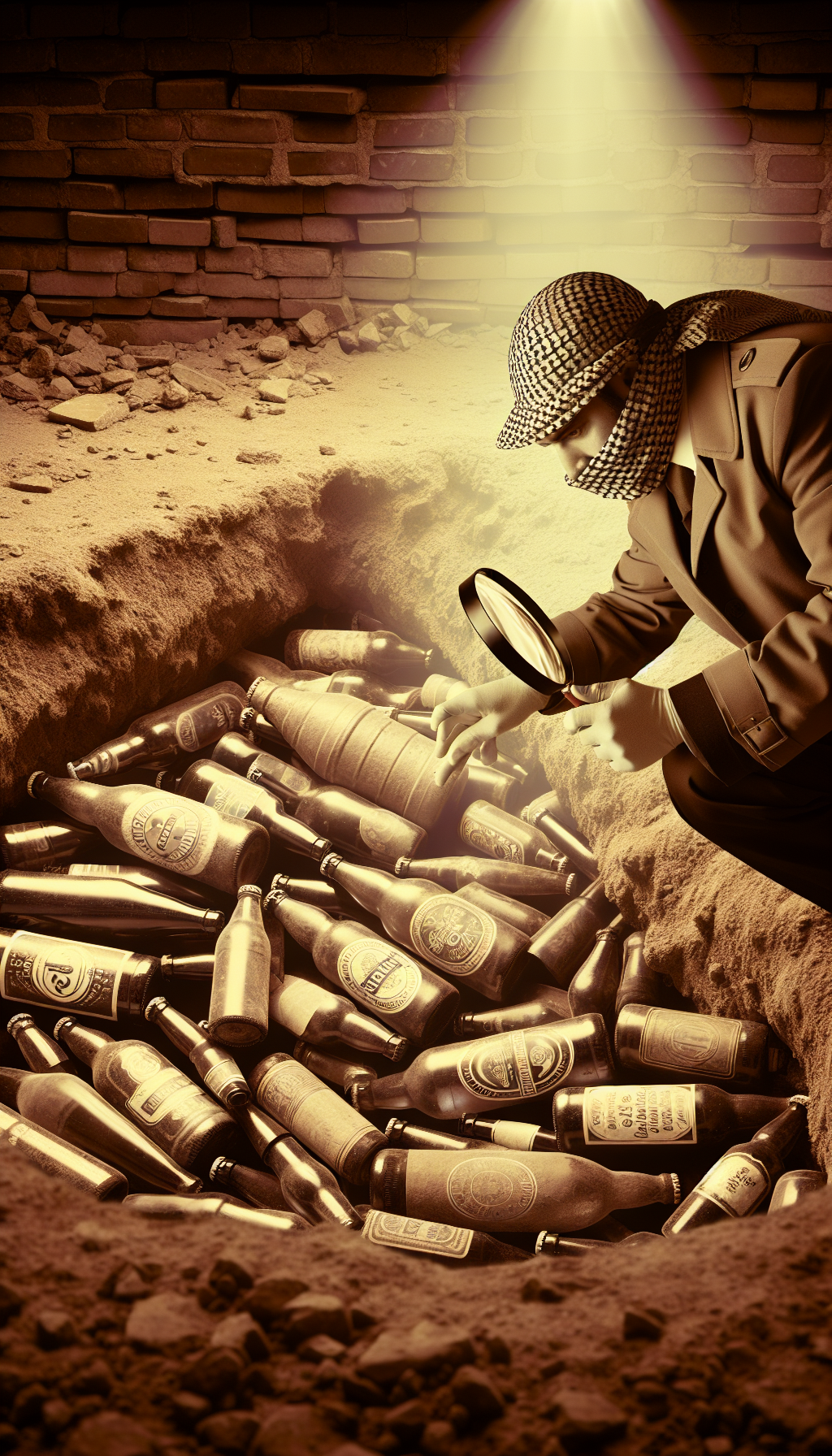 A sepia-toned image depicts a detective-themed archaeologist, magnifying glass in hand, kneeling in a treasure trove of antique beer bottles buried beneath layers of earth. The magnifying glass reveals a ghostly overlay of brewery origin and dates over each bottle, showcasing the intricate details and history tied to each vessel, emphasizing the detective work in old beer bottle identification.