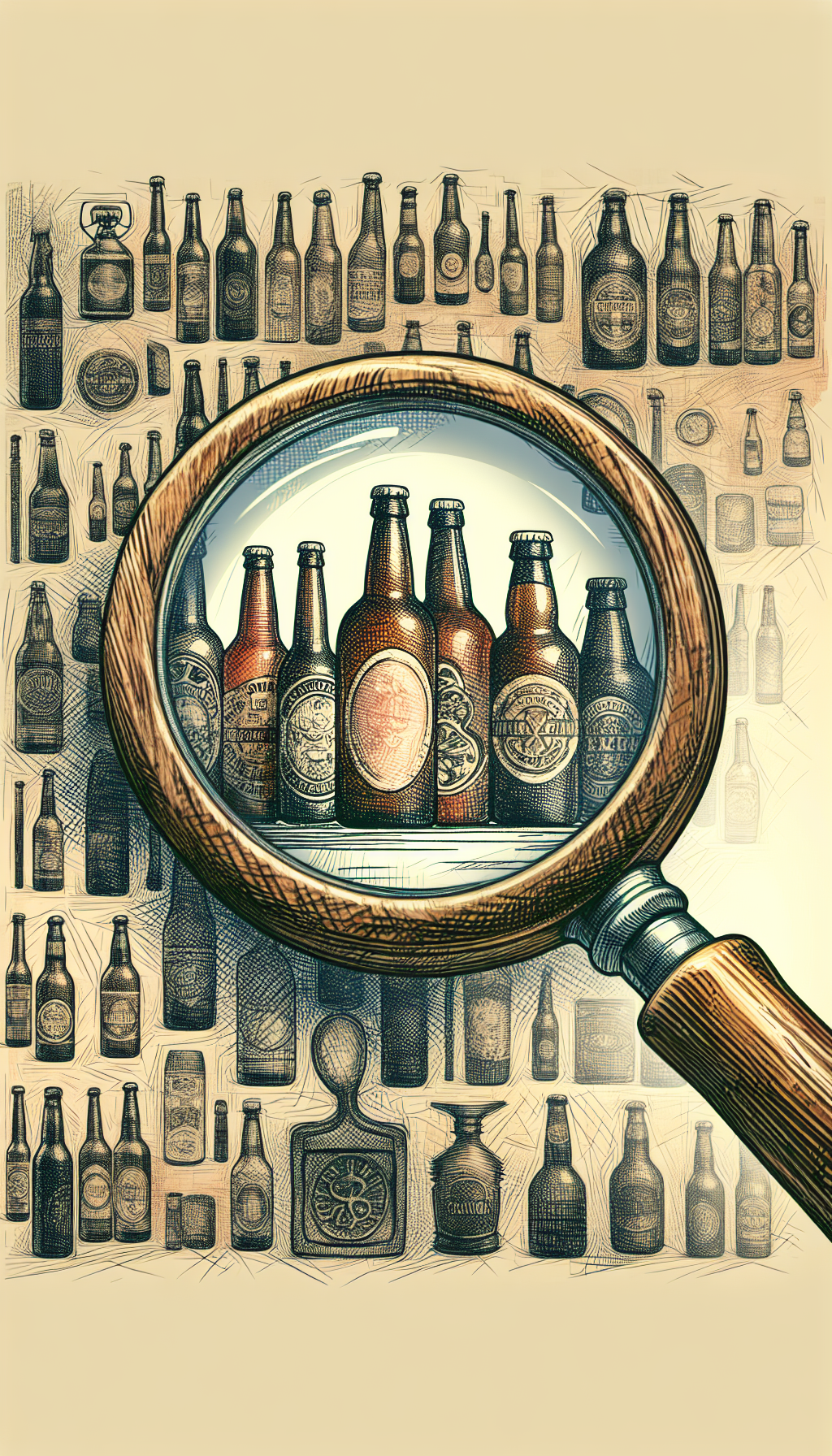 An illustration featuring an antique wooden magnifying glass that overlaps various vintage beer bottles, highlighting their unique marks and embossed logos. The textures range from sketch-like etchings to sepia-toned watercolors, symbolizing a blend of methodologies in old beer bottle identification. The image conveys the process of deciphering the historical codes imprinted on these collectible vessels.